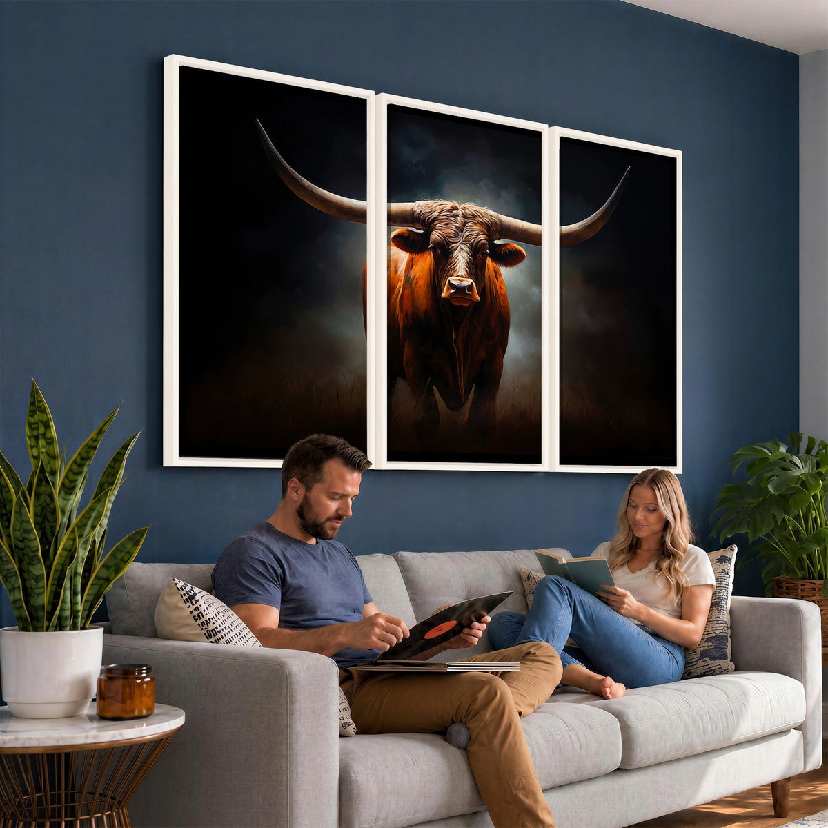 48896-MGV-CV-24X16 - Abstract Texas Longhorn Wall Art Print | 3-Panel Large Texas Longhorn Canvas