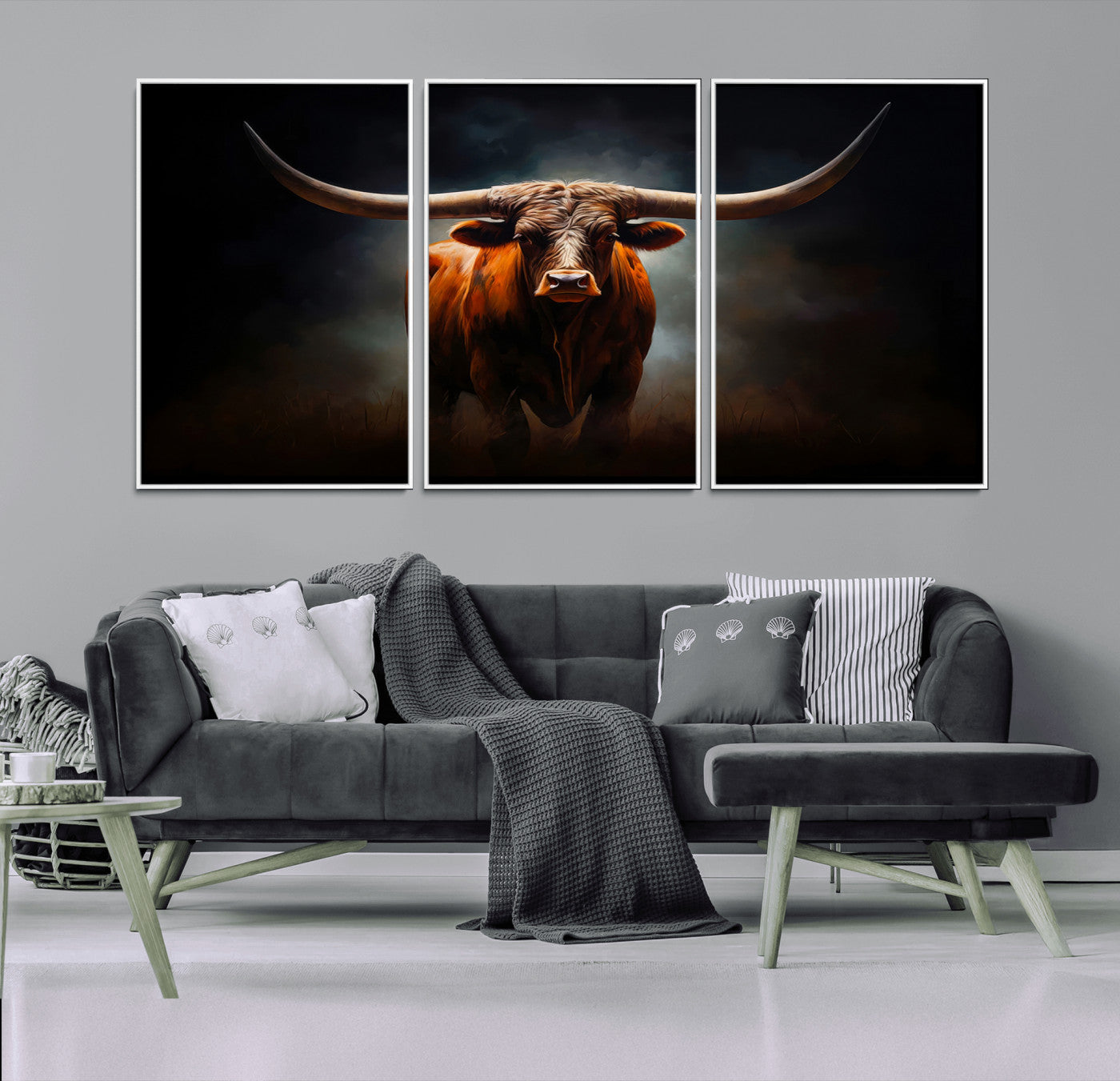 MGV-FC-60X30-3P - Abstract Texas Longhorn Wall Art Print | 3-Panel Large Texas Longhorn Canvas Print for Living Room,