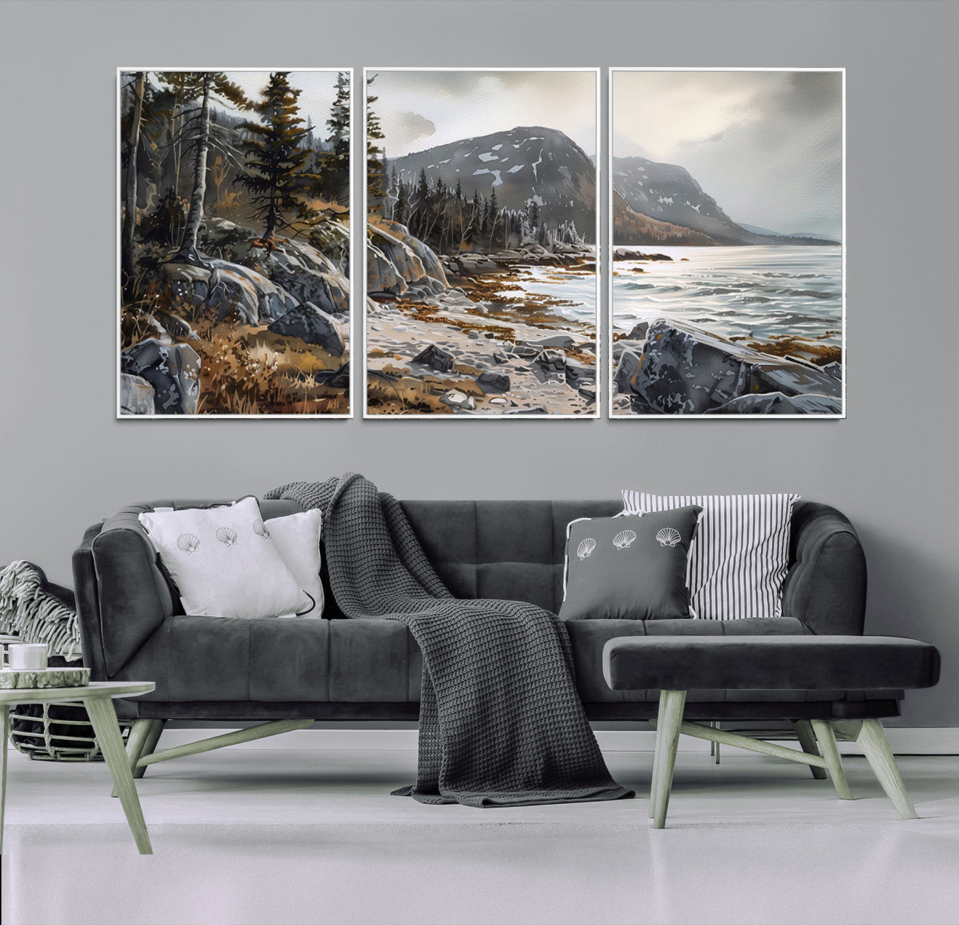 -Serene Coastal View of Acadia National Park - Stunning 3-Panel Wall Art Canvas Print, Framed, Ready