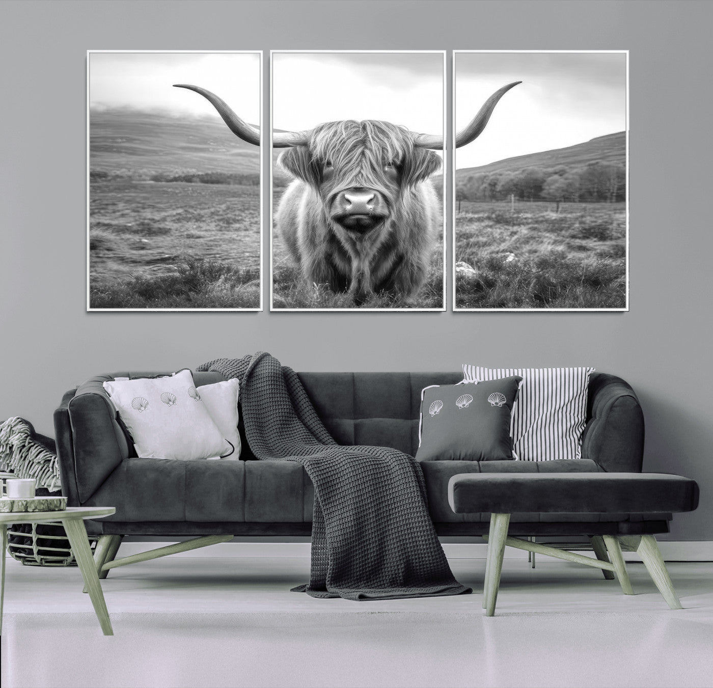 MGV-FC-60X30-3P - Black White Scottish Highland Cow Canvas Farm Wall Art Canvas Print