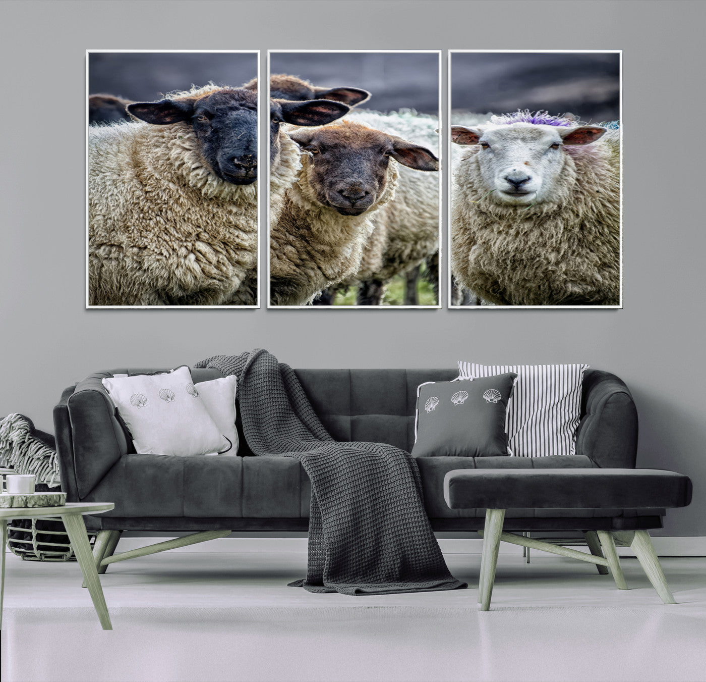 -Charming Sheep Portrait Wall Art – Trio of Woolly Companions Canvas Print, Framed, Ready to Hang