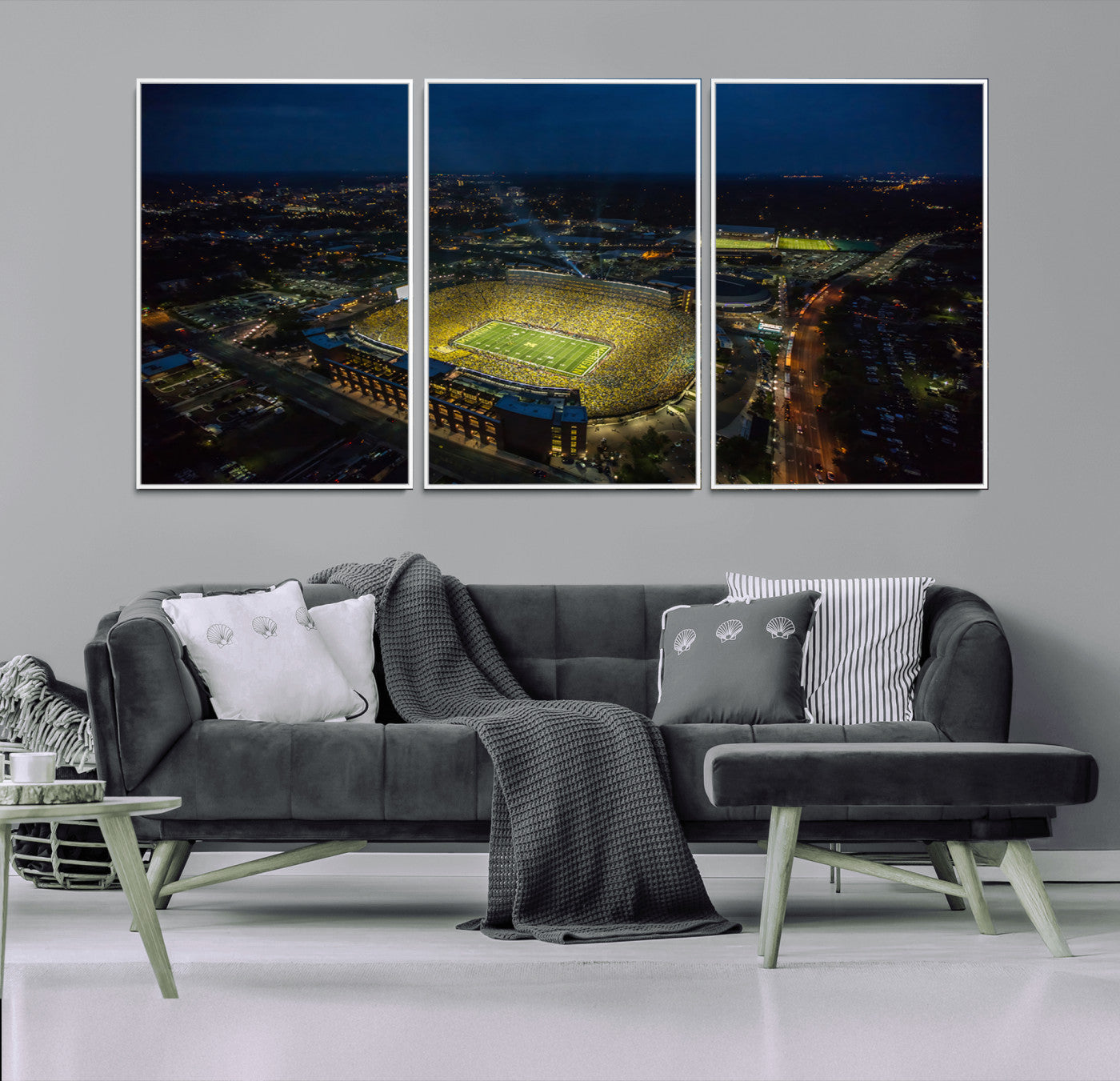 33588-MGV-FC-60X30-3P_White-Michigan Stadium Night Game Wall Art – Sports Arena Aerial View Canvas Print, Framed, Ready to Hang