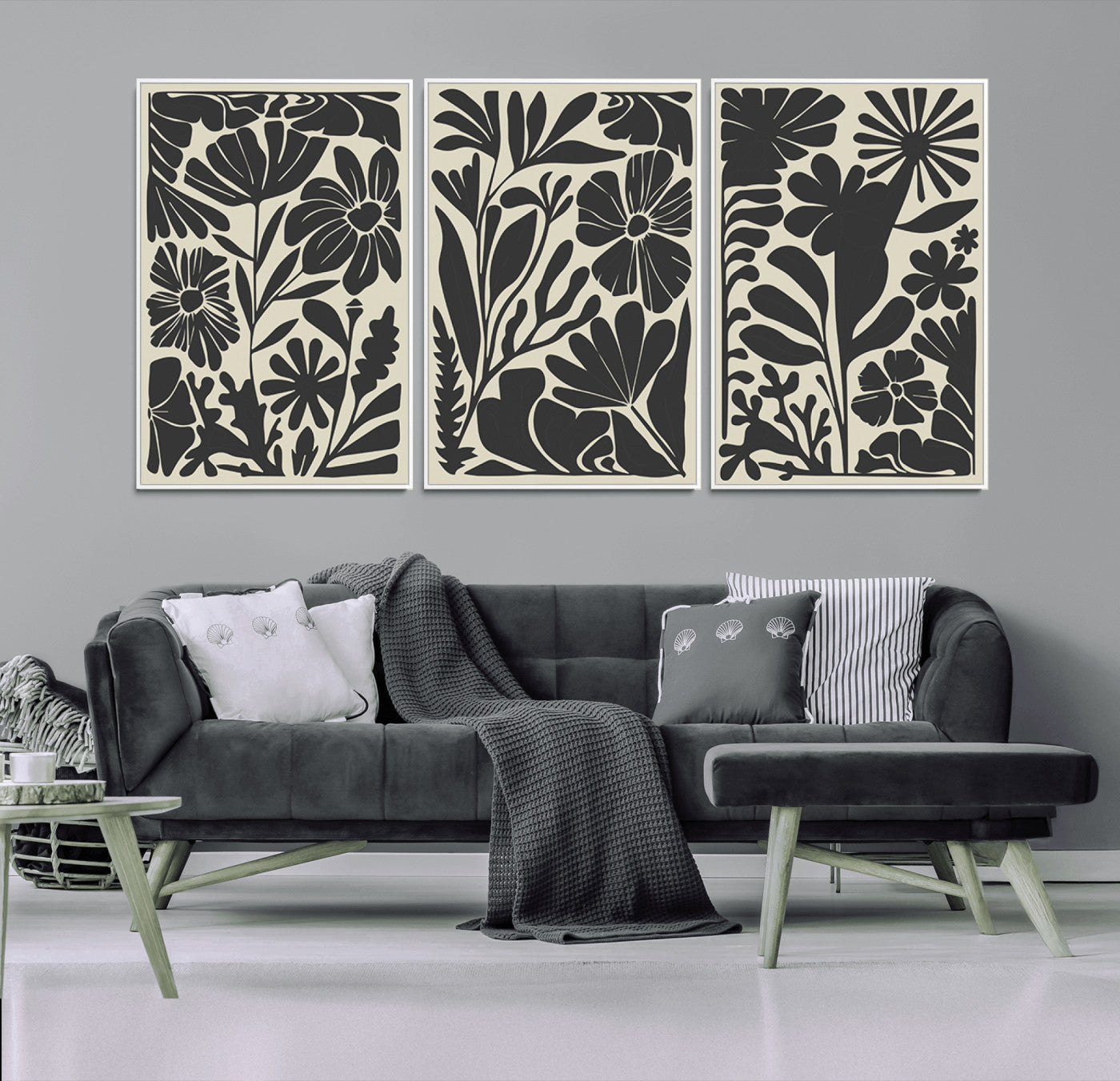 MGV-FC-60X30-3P - Modern Botanical Wall Art - Floral Black and White Canvas Print, Framed, Ready to Hang