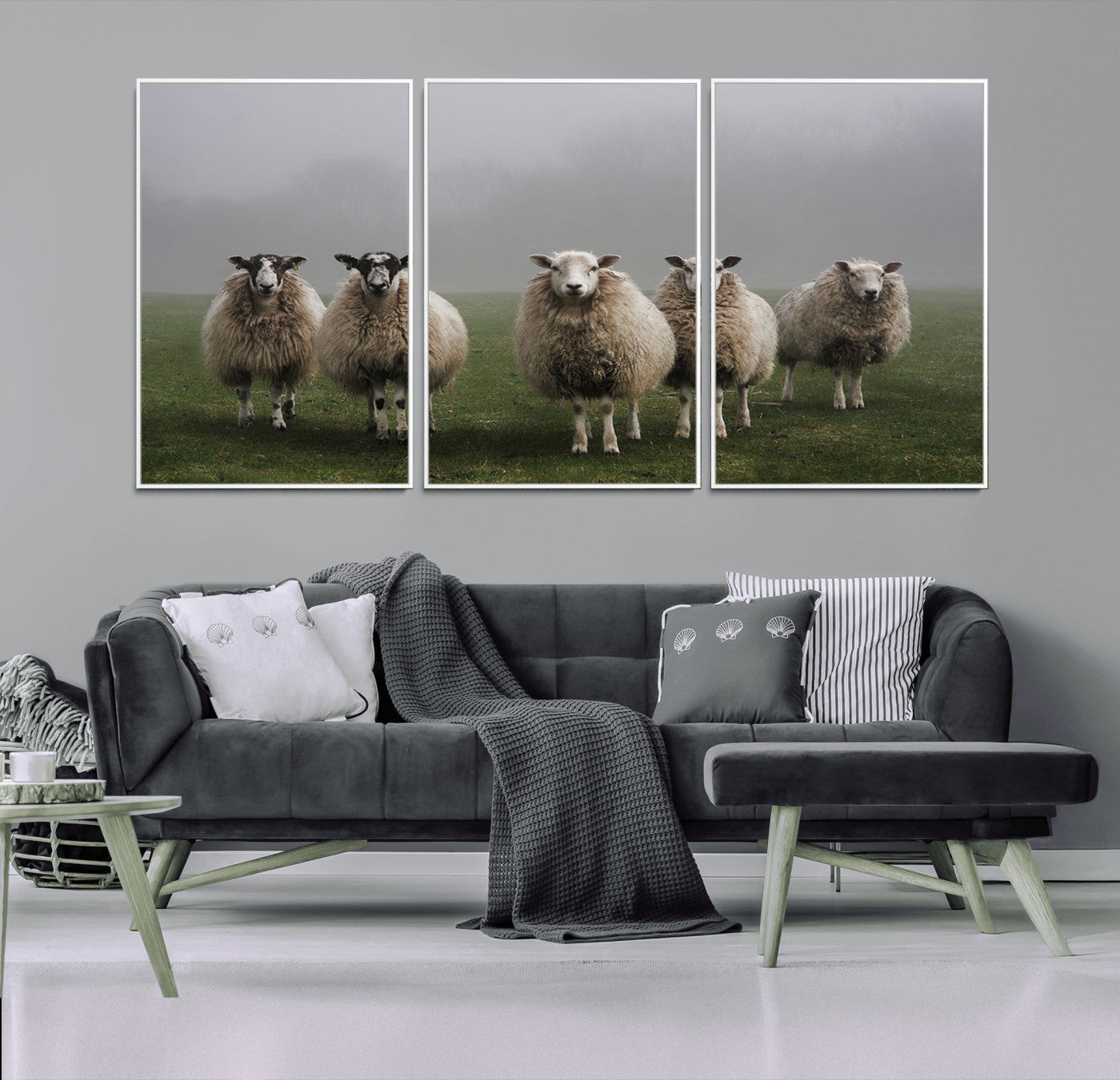 87339-MGV-FC-60X30-3P_White-Flock of Sheep in a Mystical Fog – Pastoral Wall Art Canvas Print, Framed, Ready to Hang