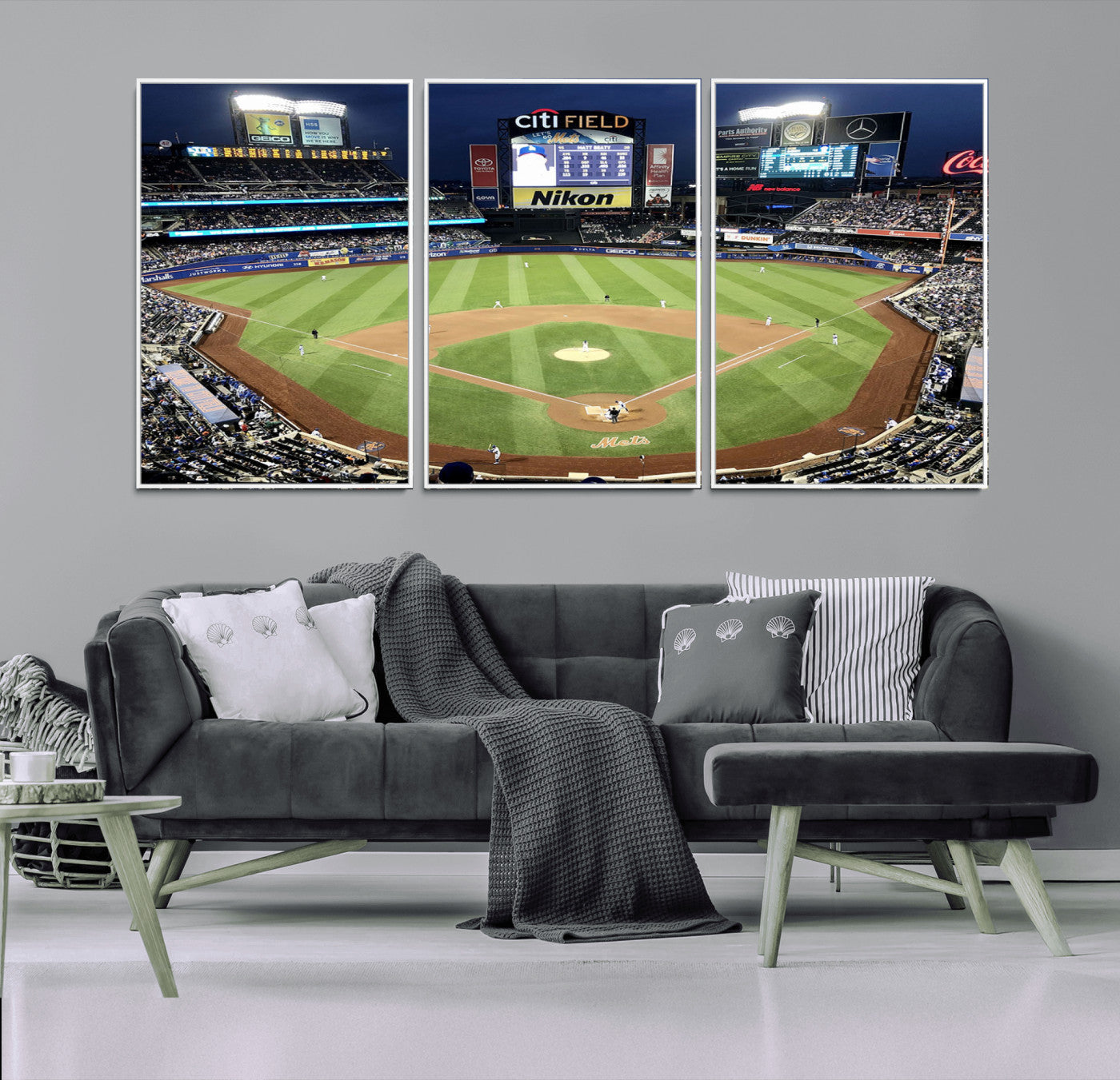 MGV-FC-60X30-3P - Citi Field Wall Art Print | 3-Panel New York Mets Baseball Stadium Canvas Print | Framed Sports Decor for Living Room, Man Cave, or Office Decor