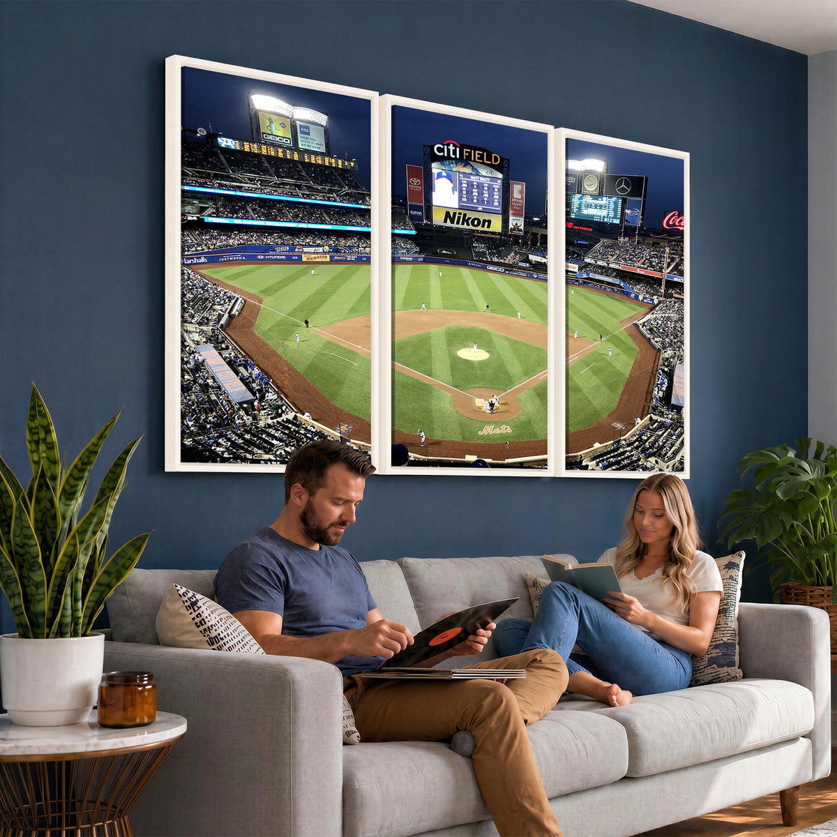 87666-MGV-CV-36X24 - Citi Field Wall Art Print | 3-Panel New York Mets Baseball Stadium Canvas Print | Framed Sports