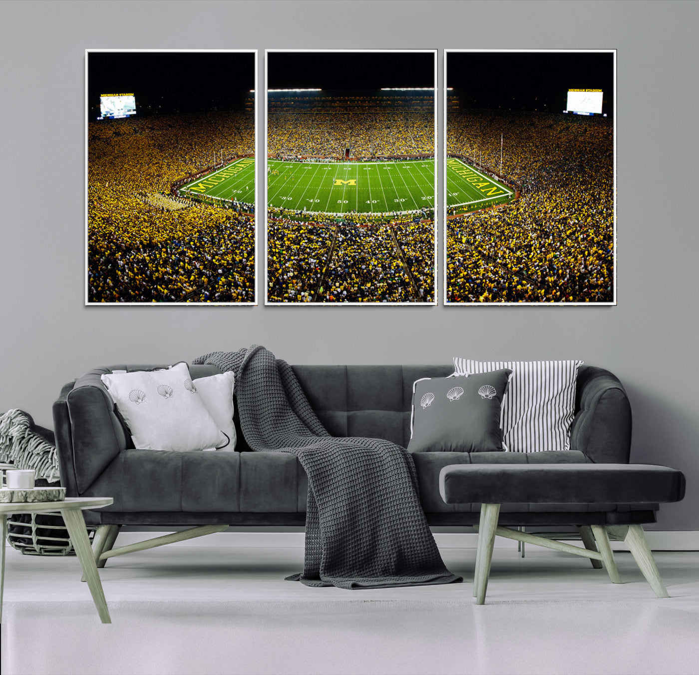 26166-MGV-FC-60X30-3P_White-Stadium in Michigan Wall Art Canvas Print, Framed American Football Stadium Art Picture Print, Football Stadium Field Perfect Sports Room Decor Artwork
