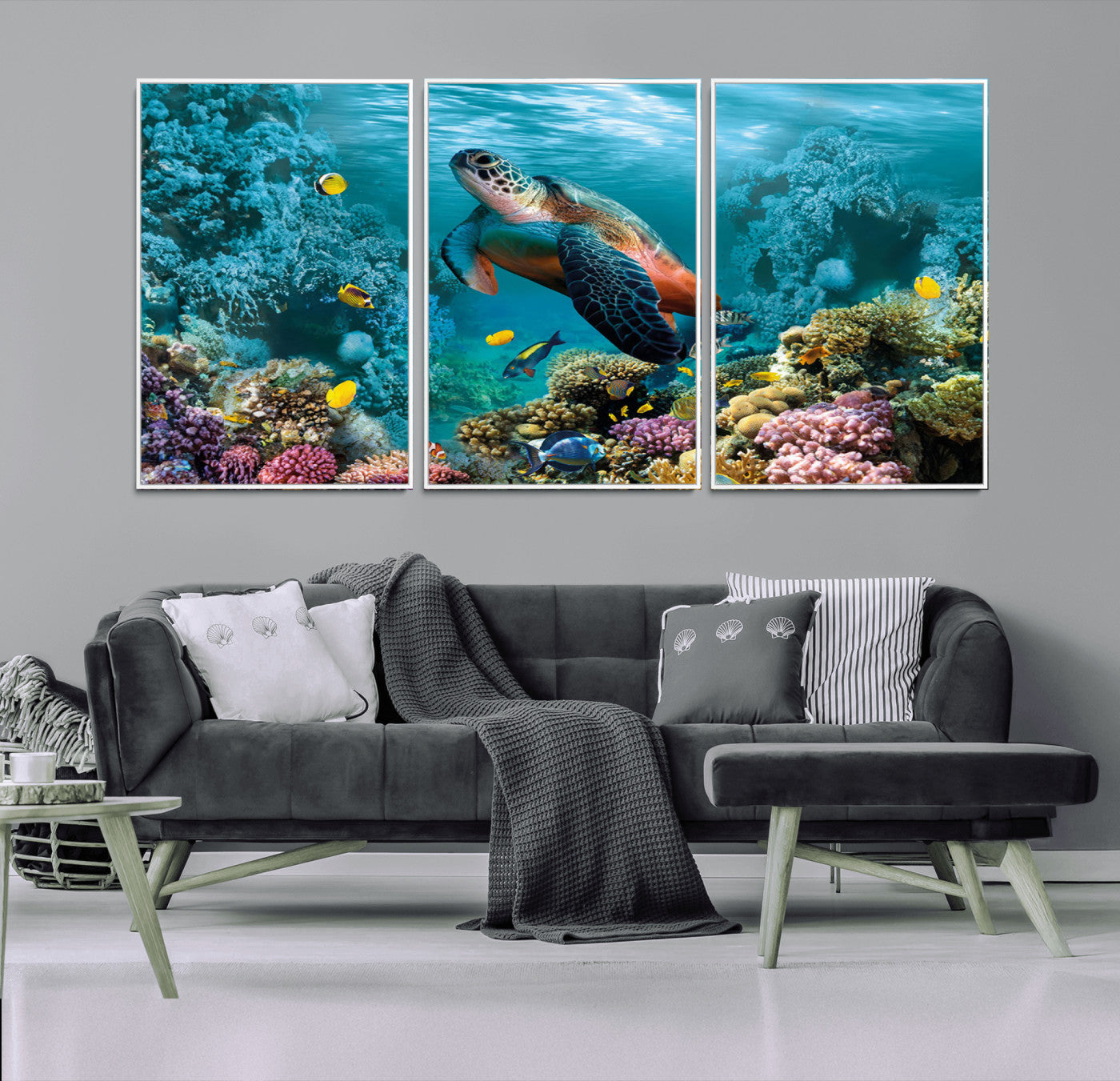 MGV-FC-60X30-3P - Sea Turtle and Coral Reef Triptych Wall Art – Vibrant Underwater Scene Canvas Set for Ocean Lovers and Coastal Decor – Ready to Hang 3-Panel Artwork