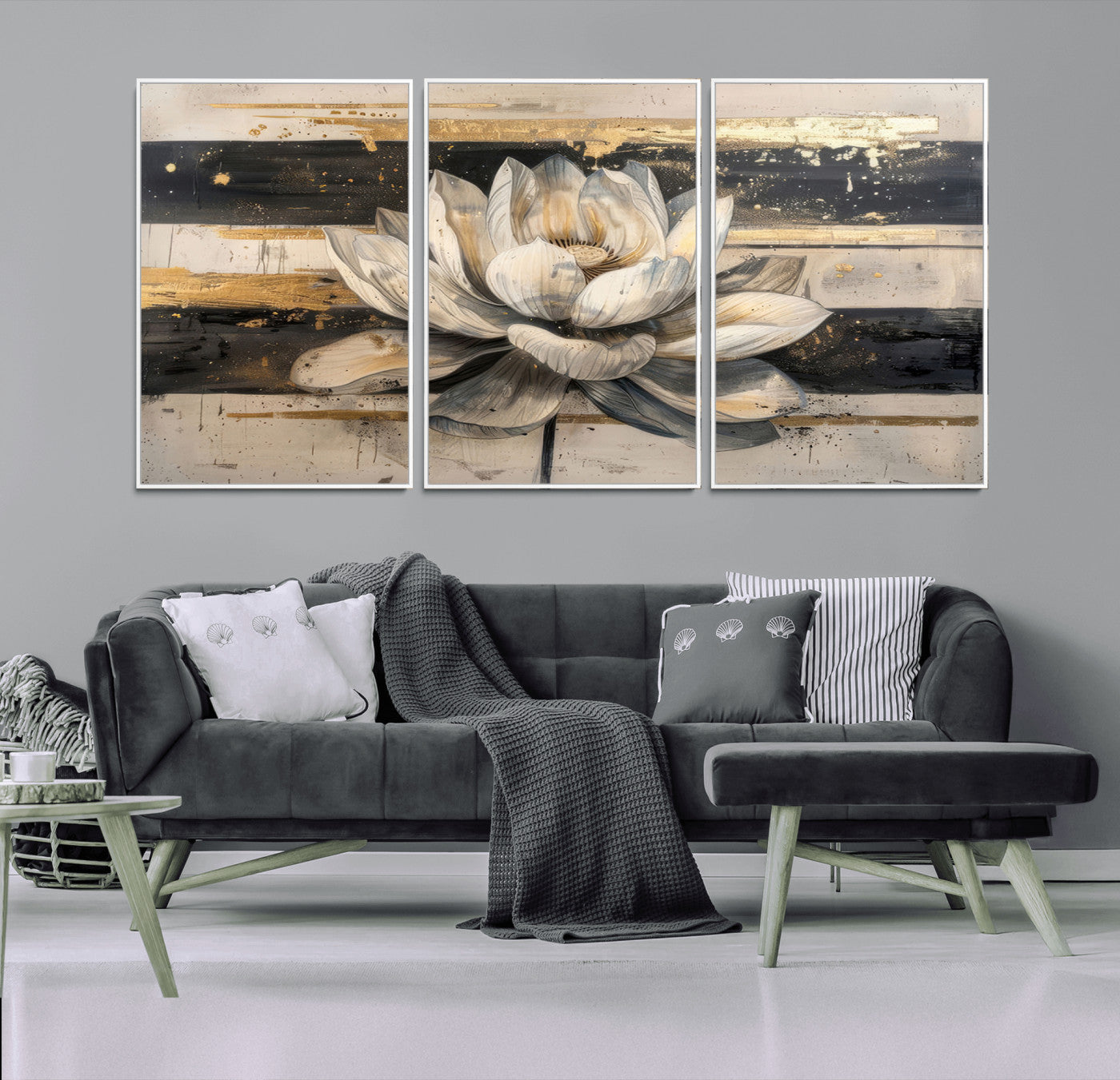 MGV-FC-60X30-3P - Lotus Flower Wall Art Canvas Print, Framed Abstract Lotus Art Picture Print, White Lotus Flower Perfect Abstract Floral Decor Artwork