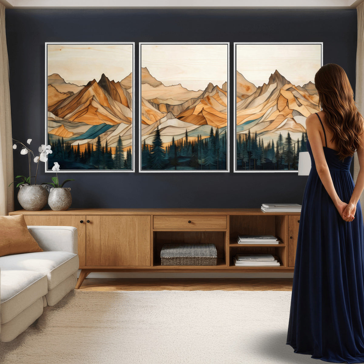 31576-PAN-FL-20X10 - Rustic Wood Mountain Wall Art Print | Triptych Giclee Print Featuring Handcrafted Forest and