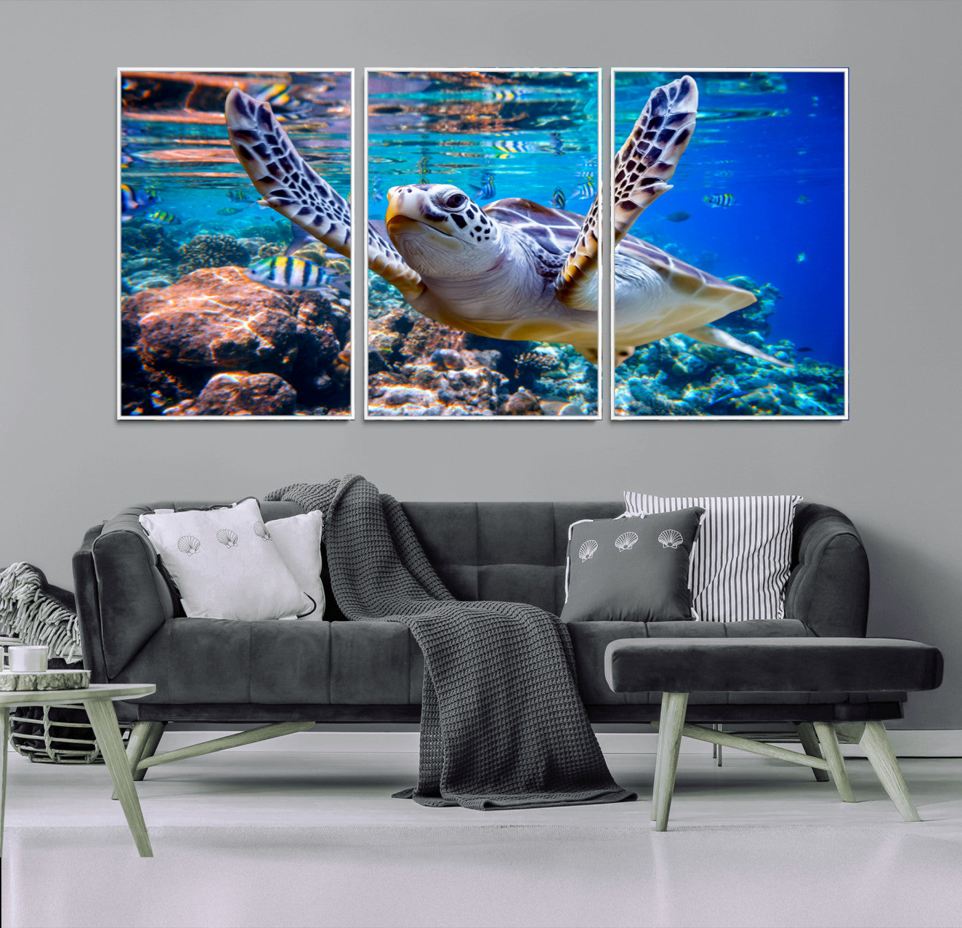 12683-MGV-FC-60X30-3P_White-Underwater Sea Turtle Wall Art Canvas Print – Vibrant Ocean Coral Reef Décor, Ready to Hang
