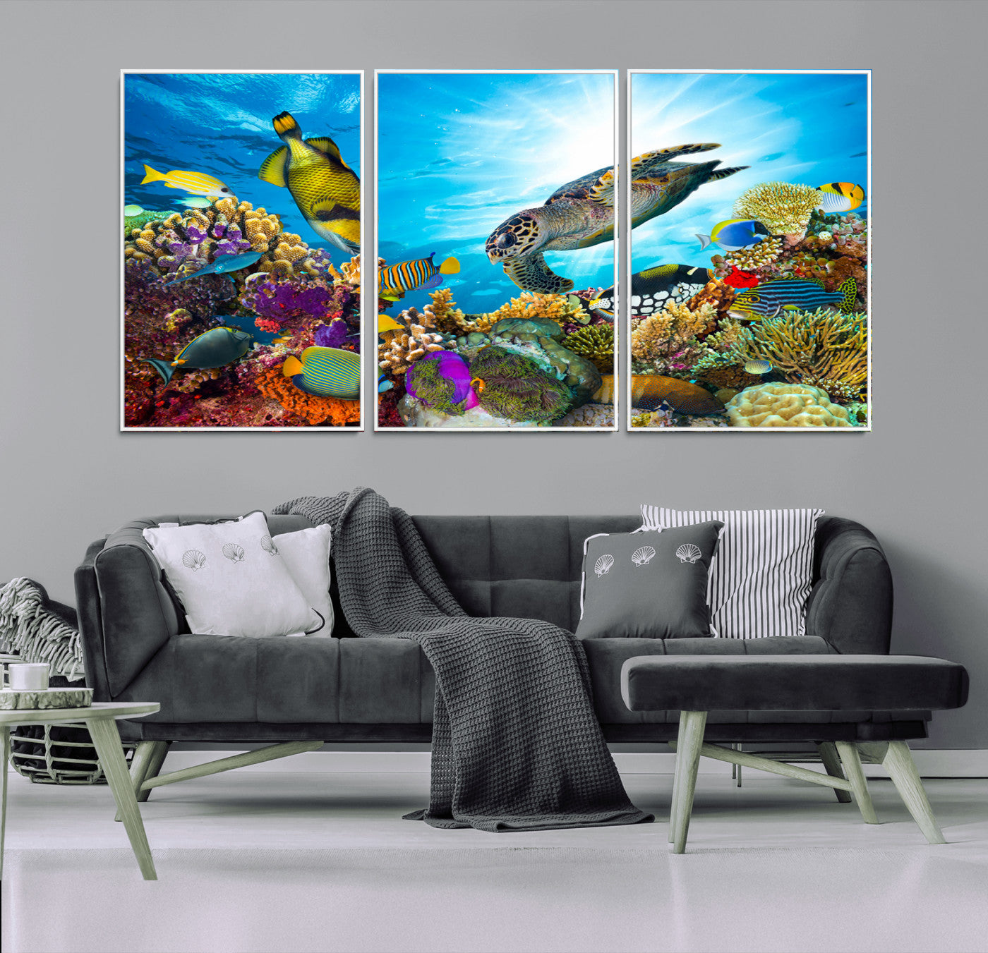 -Colorful Coral Reef and Sea Life Turtle Canvas Print, Underwater Tropical Ocean Wall Art for Home