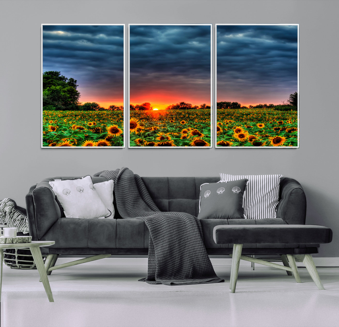 45045-MGV-FC-60X30-3P_White-Golden Sunflower Field at Sunset – Breathtaking Sky and Vibrant Flowers, Ready to Hang Wall Art