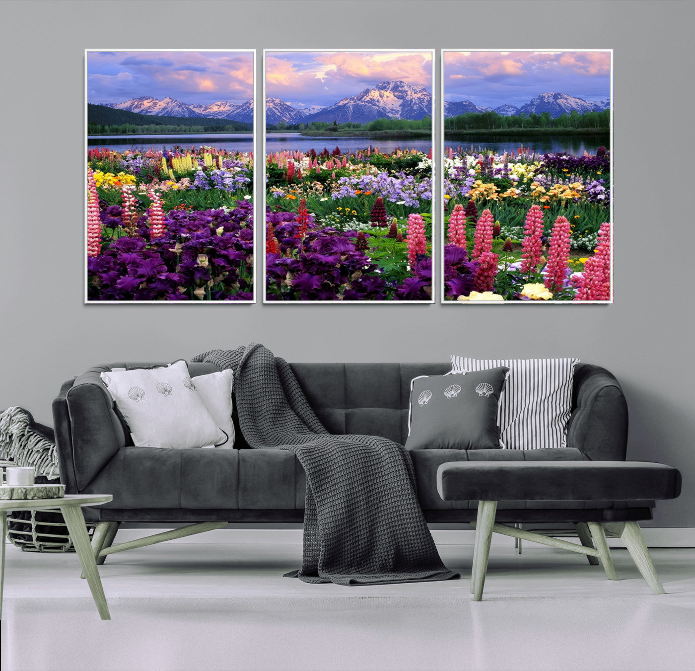 MGV-FC-60X30-3P - Wildflower Canvas Print – Blooming Floral Meadows with Majestic Mountain Backdrop, Ready to Hang