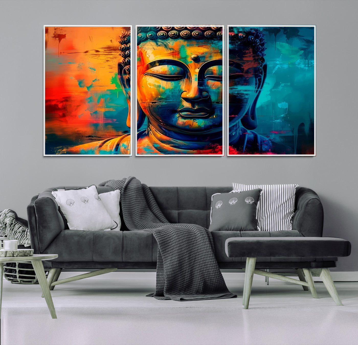 A vibrant, abstract artistic rendition of a Buddha statue face, blending bold and contrasting colors to evoke a sense of peace, spirituality, and enlightenment.
