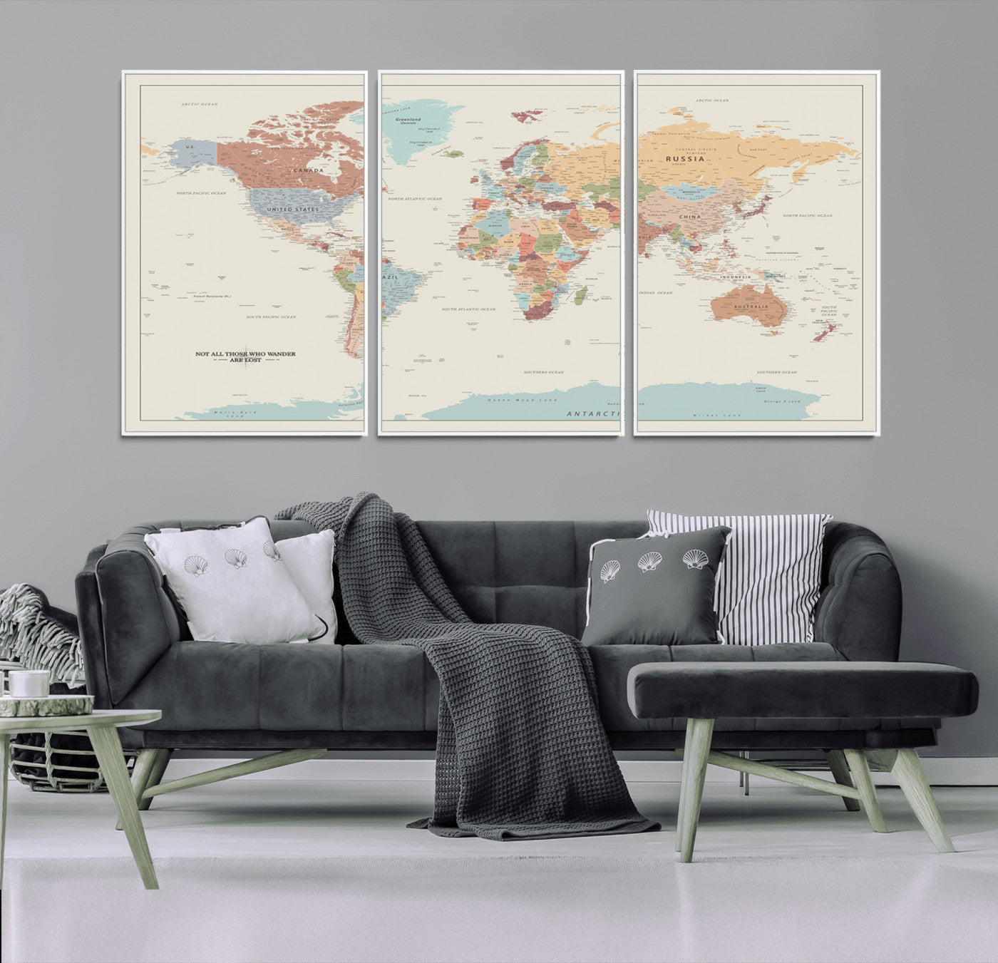 19241-MGV-CV-36X24-World Map Canvas Print – Framed Minimalist Travel Map Wall Art, Neutral Toned Push Pin Map for Home Office or Study Decor