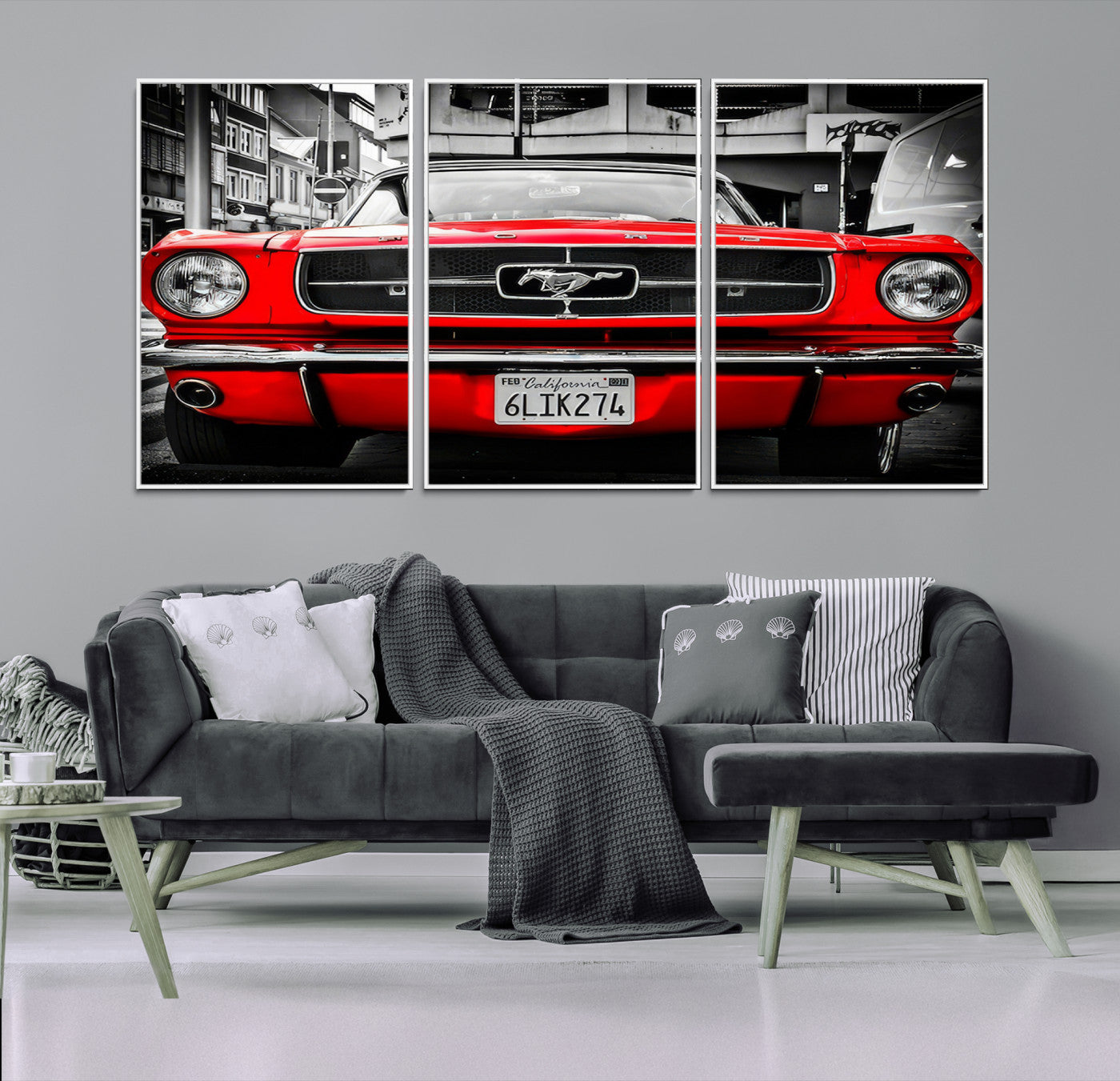 20365-MGV-FC-60X30-3P-Red Mustang Car Wall Art – Framed Classic Vehicle Canvas Artwork, Black White Urban Design, Decor for Home, Office