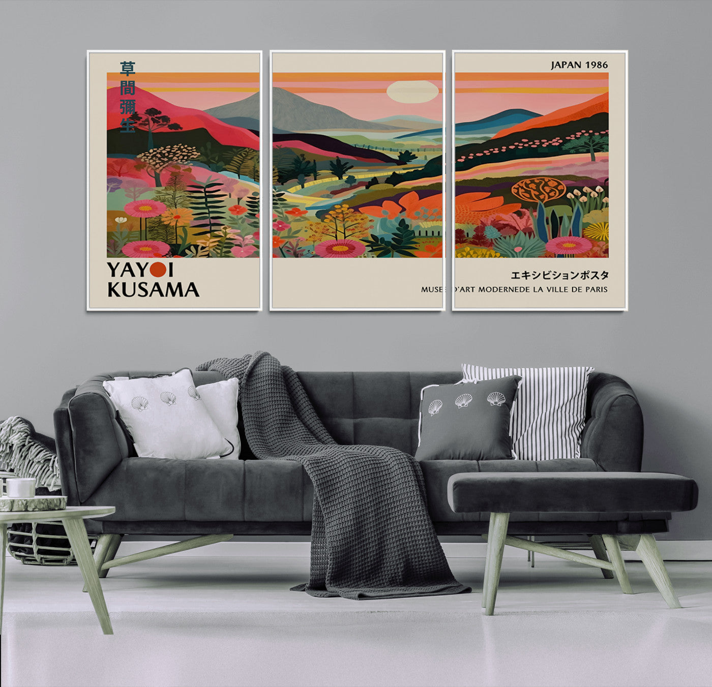 87360-MGV-FC-93X47-3P_Black-Yayoi Kusama Landscape Canvas Print, Vibrant Floral Mountain Art Print, Botanical Flower Nature