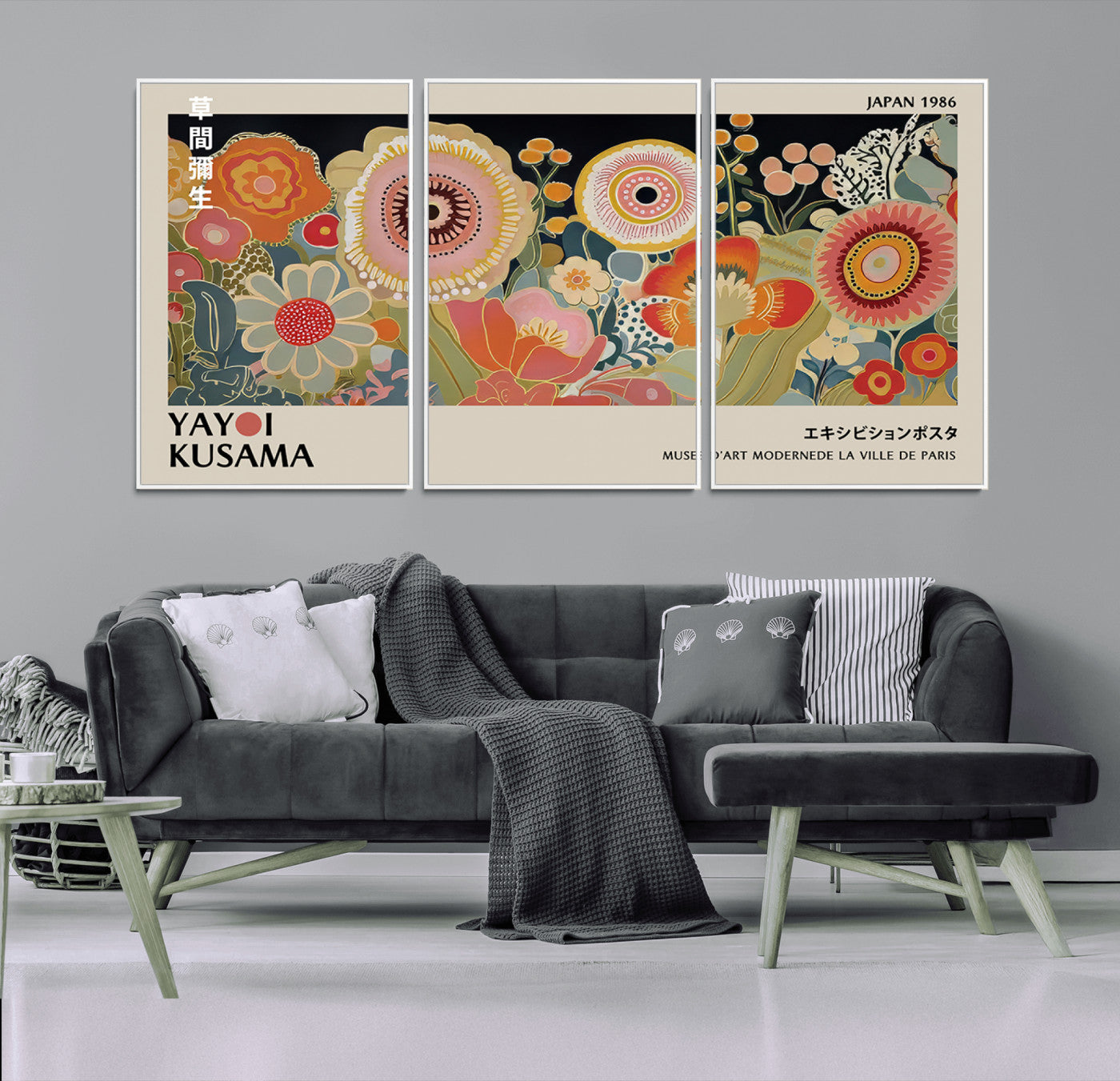 MGV-FC-60X30-3P - Yayoi Kusama Landscape Canvas Print, Vibrant Floral Mountain Art Print, Botanical Flower Nature Decor, Sunset Scenery Artwork