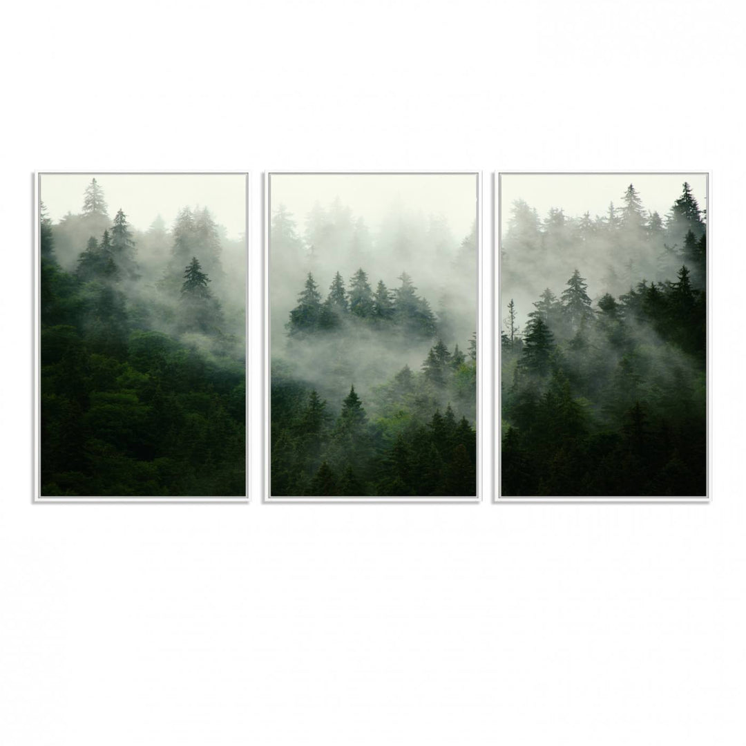 Misty Forest Mountain Wall Art | Large 3-Panel Foggy Landscape Canvas Print | Misty Forest Canvas Art | Nature Wall Art for Home | Mountain Fog Print