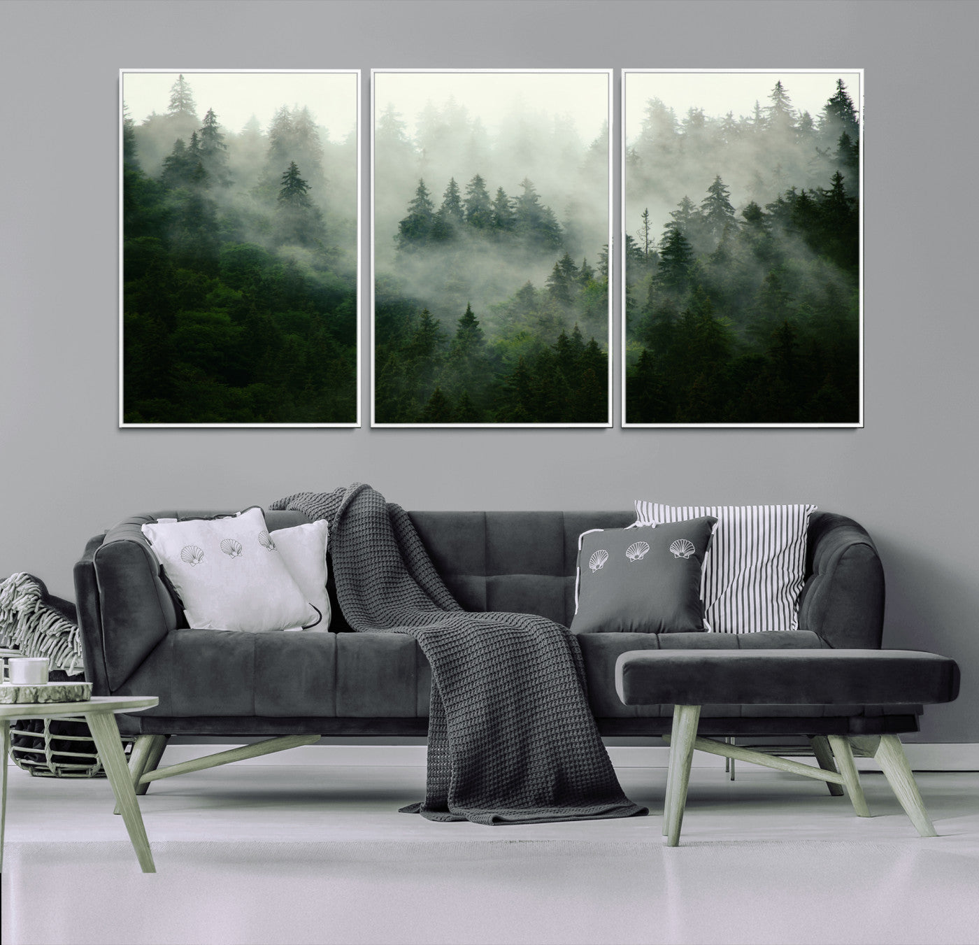 MGV-FC-60X30-3P - Misty Forest Mountain Wall Art Canvas  | Large 3-Panel Foggy Landscape Canvas Print | Nature Misty