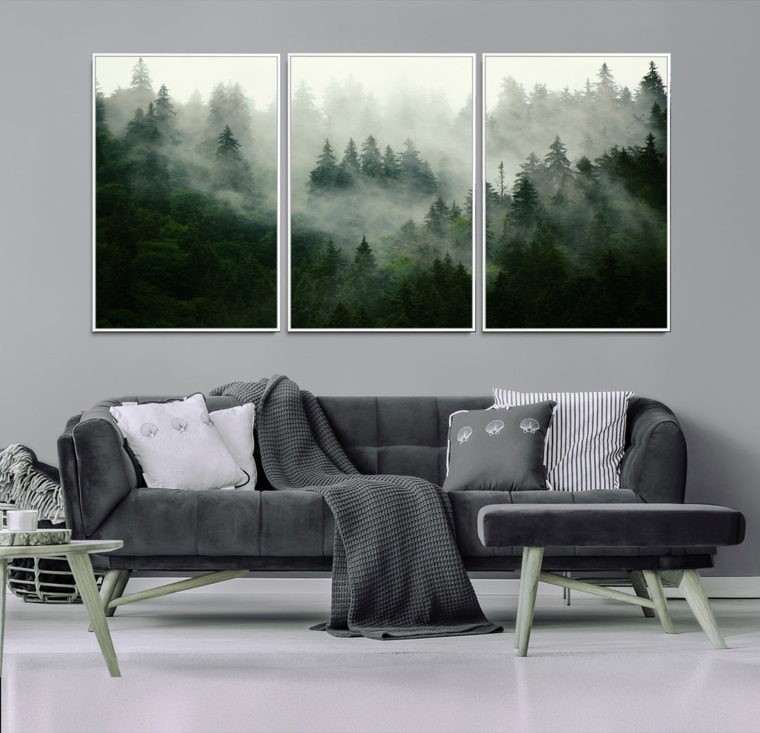 Misty Forest Wall Art Canvas Print - Foggy Forest Landscape Canvas Wall Art – Serene Triptych Nature Print – Woodland Landscape Decor