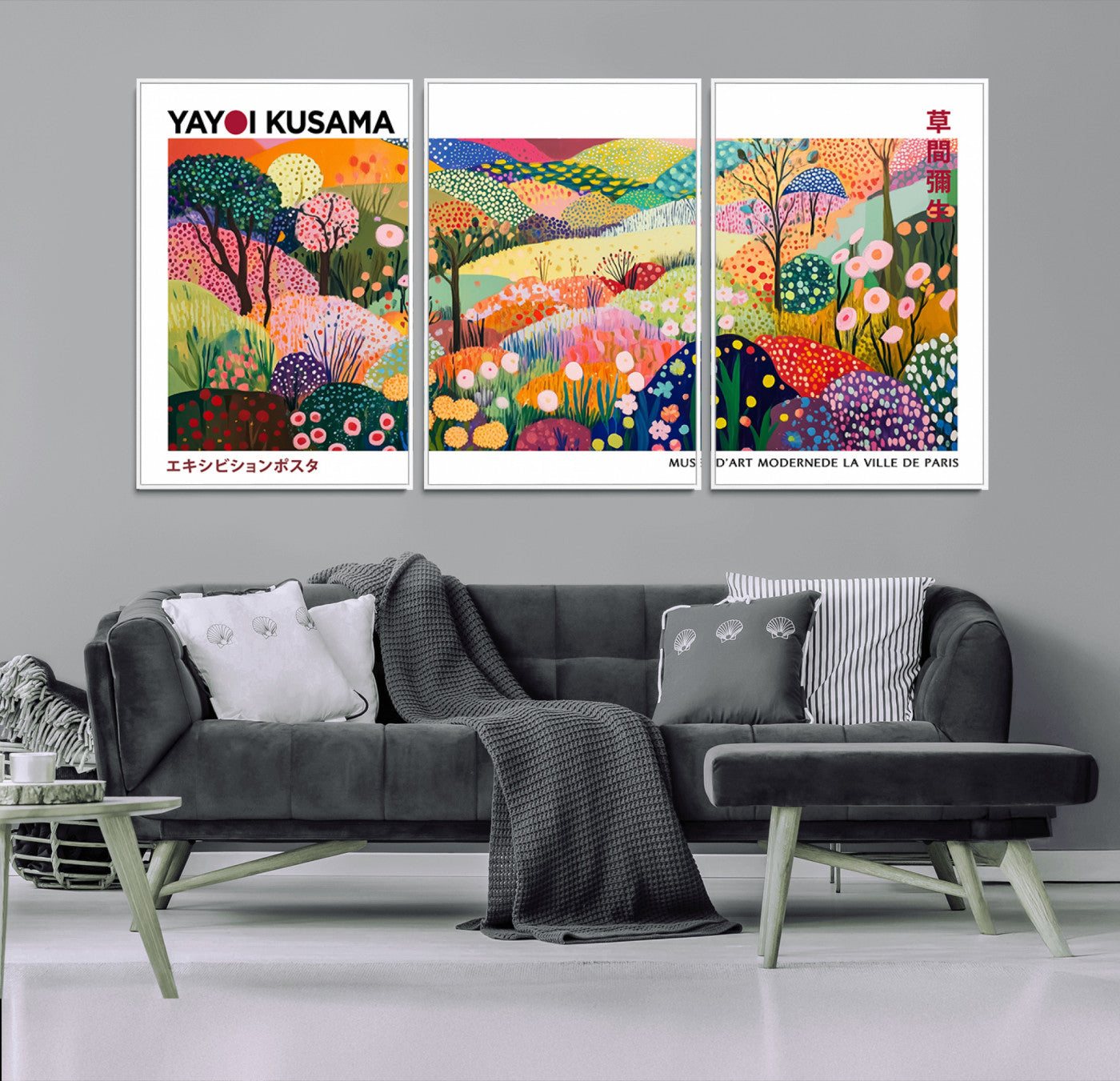 MGV-FC-60X30-3P - Framed Yayoi Kusama 1986 Wall Art Print – Japanese Wall Art Print, Wabi Sabi Yayoi Kusama Print -