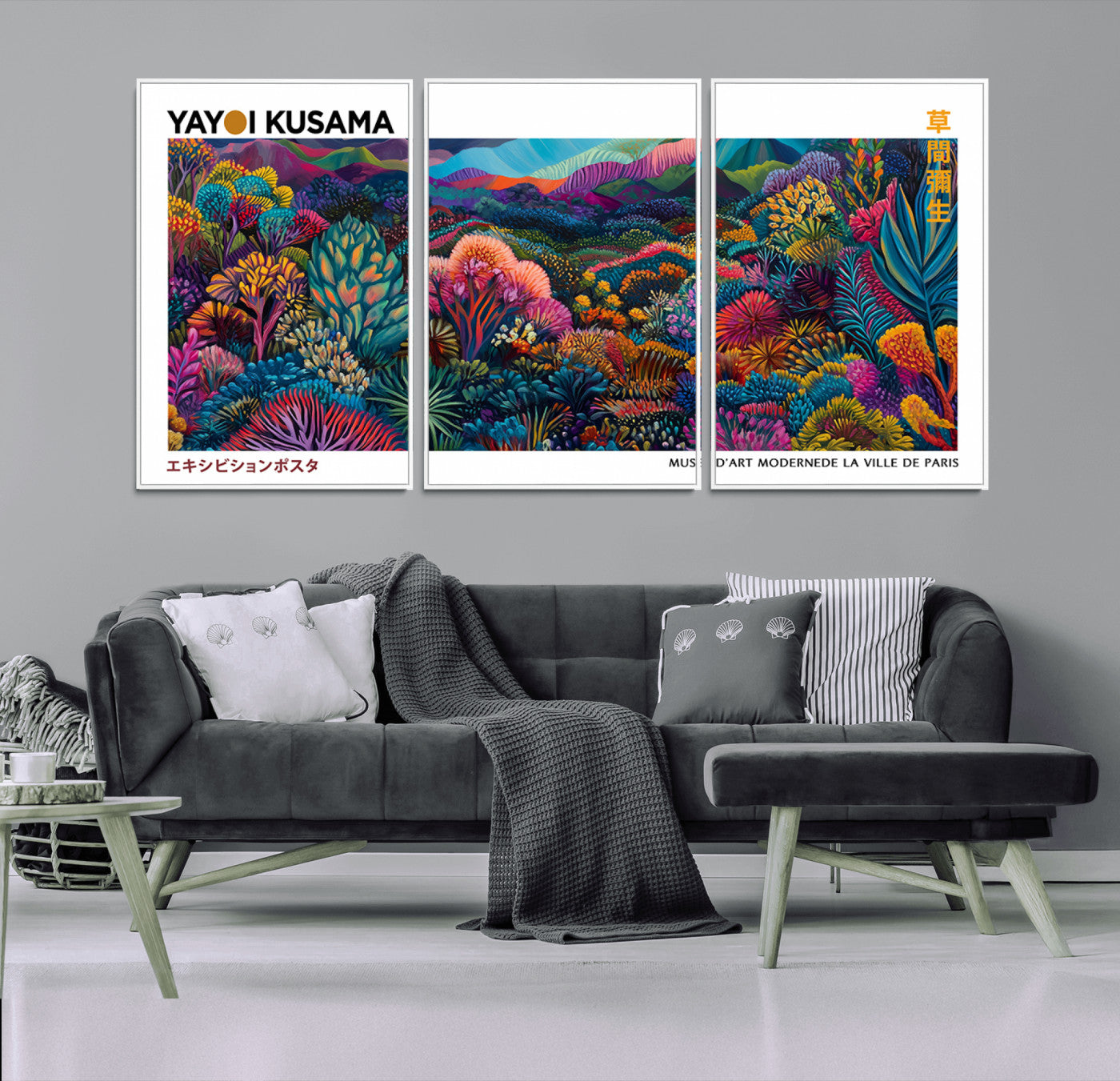 MGV-FC-60X30-3P - Framed Yayoi Kusama 1986 Wall Art Print – Japanese Wall Art Print, Wabi Sabi Yayoi Kusama Print -