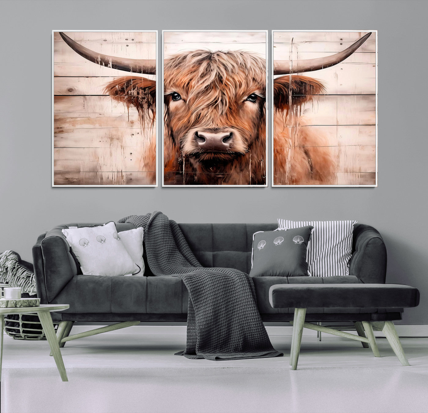 MGV-FC-60X30-3P - Vintage Scottish Highland Cow Cattle Art Print Farmhouse Wall Art Canvas Print