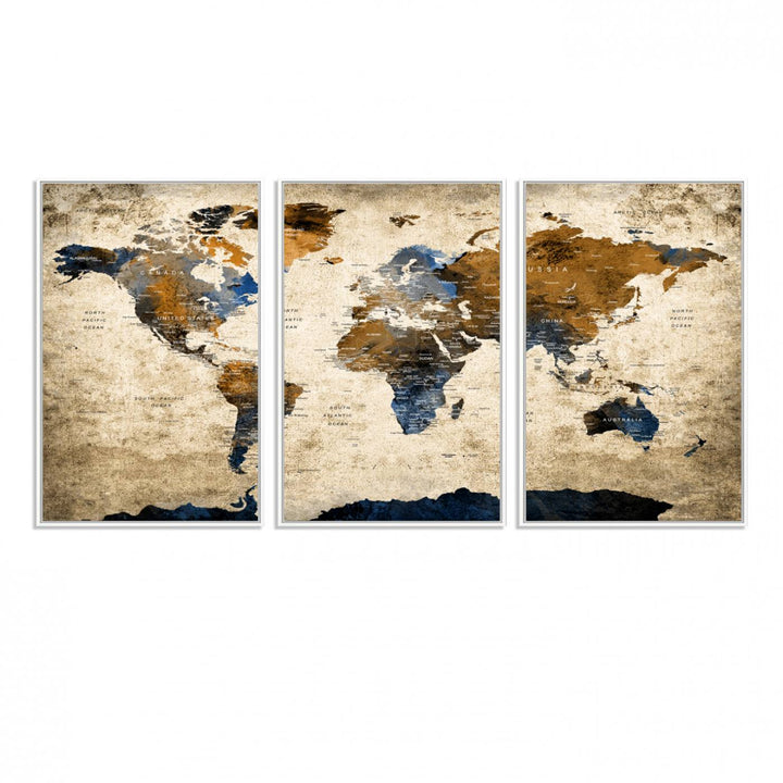 A Vintage World Map Canvas featuring brown, blue, and white on a textured background. Ideal for wall art in living rooms or offices.