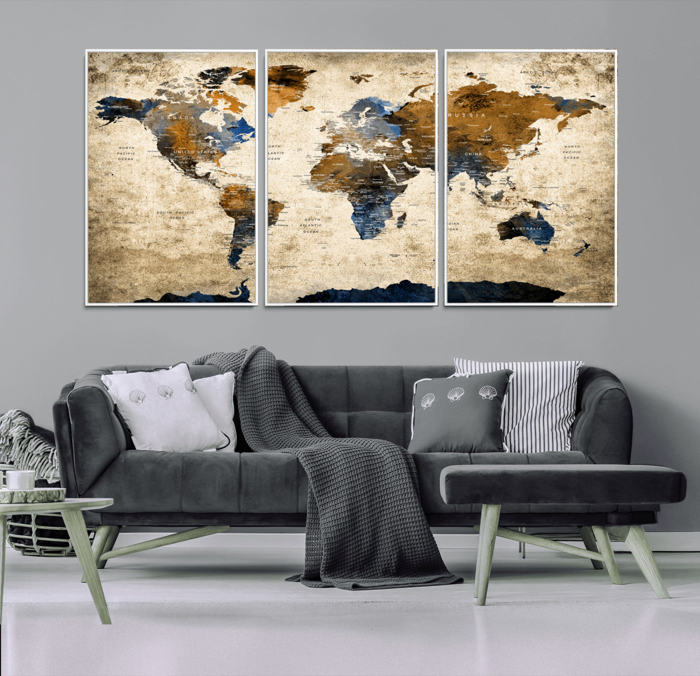 51140-MGV-CV-36X24-World Map Wall Art – Antique Style Blue and Brown Map Canvas Print, Classic Travel Wall Decor for Home Office or Study Room