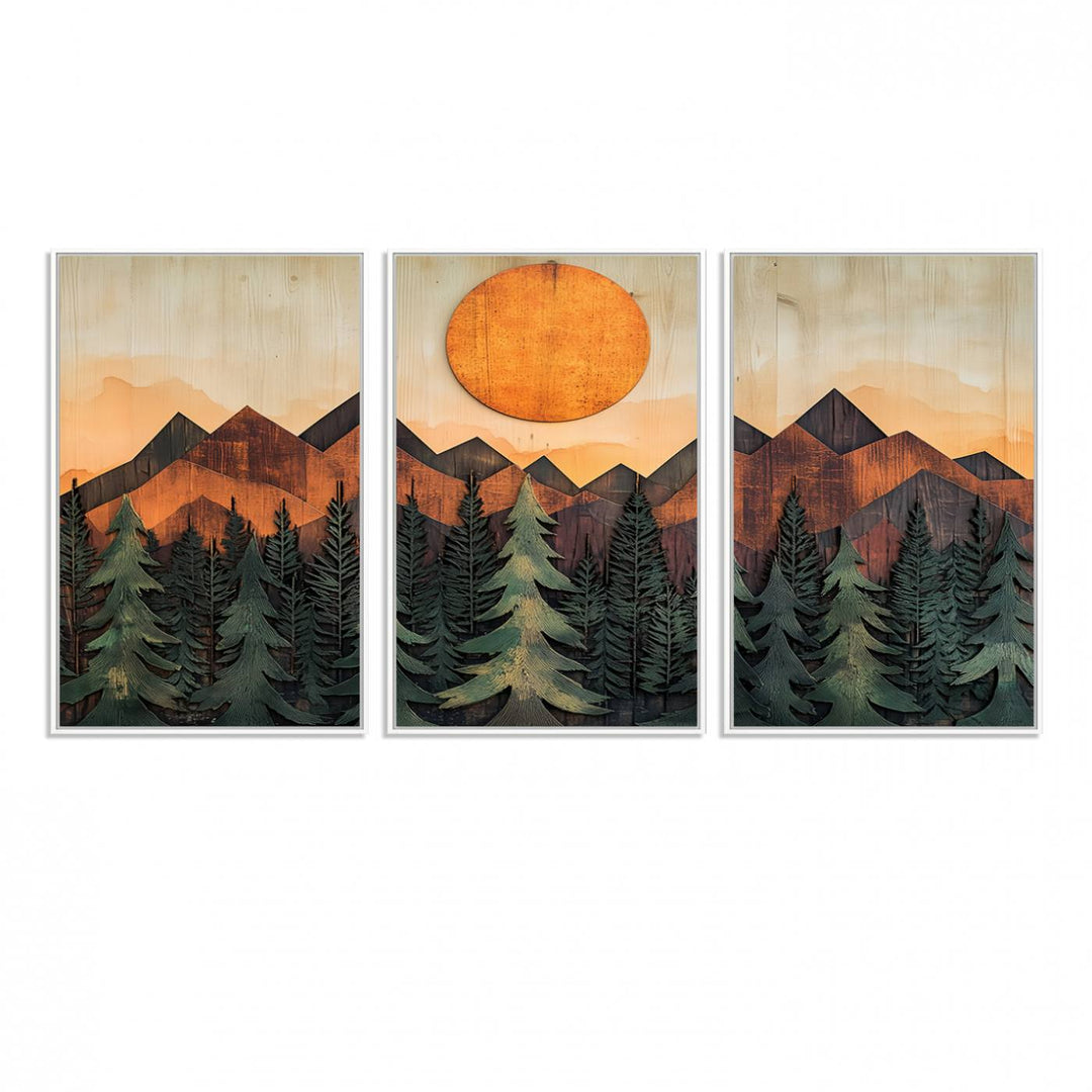 Sunset Mountain Landscape canvas wall art print featuring forest and wooden textures in green, brown, and orange.