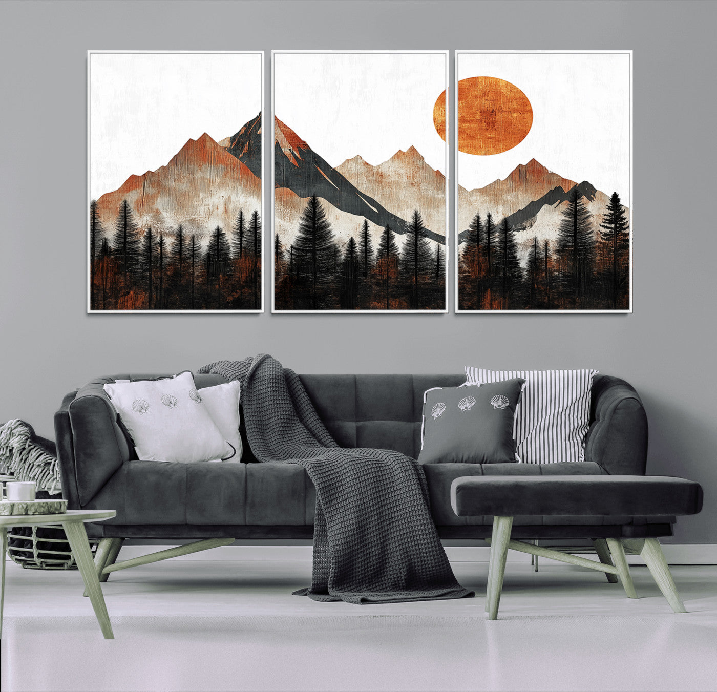 MGV-FC-60X30-3P - Modern Abstract Mountain Canvas Wall Art Print, Abstract Landscape Print, Rustic Sun and Mountains