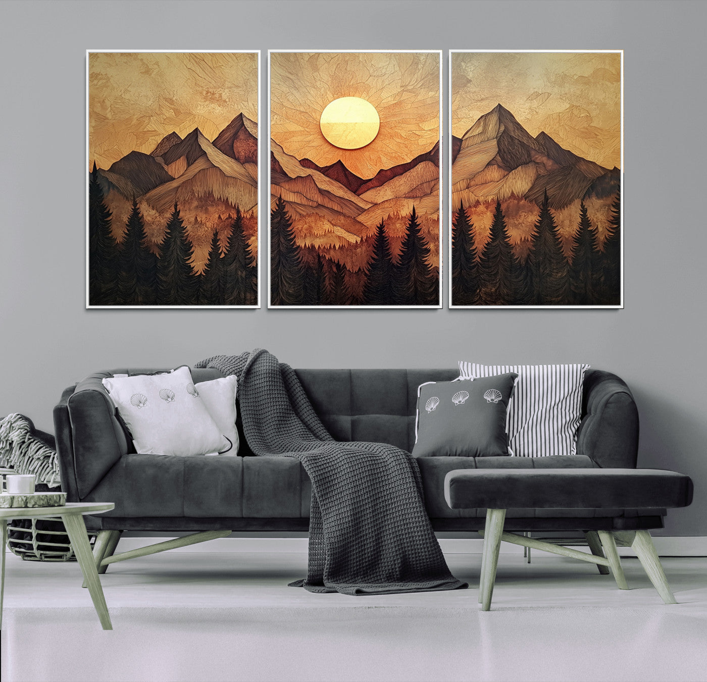 MGV-FC-60X30-3P - Wood Style Abstract Mountain Sunset Canvas Wall Art Print - Warm Earth Nature-Inspired Decor for