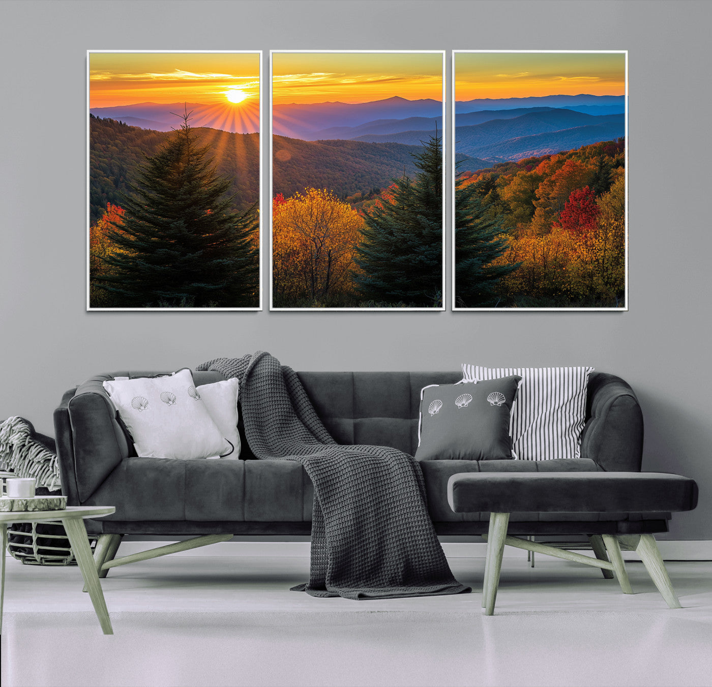 MGV-FC-60X30-3P - Golden Sunset Over Mountain Forest Canvas Wall Art Print - Warm Nature-Inspired Landscape for Living