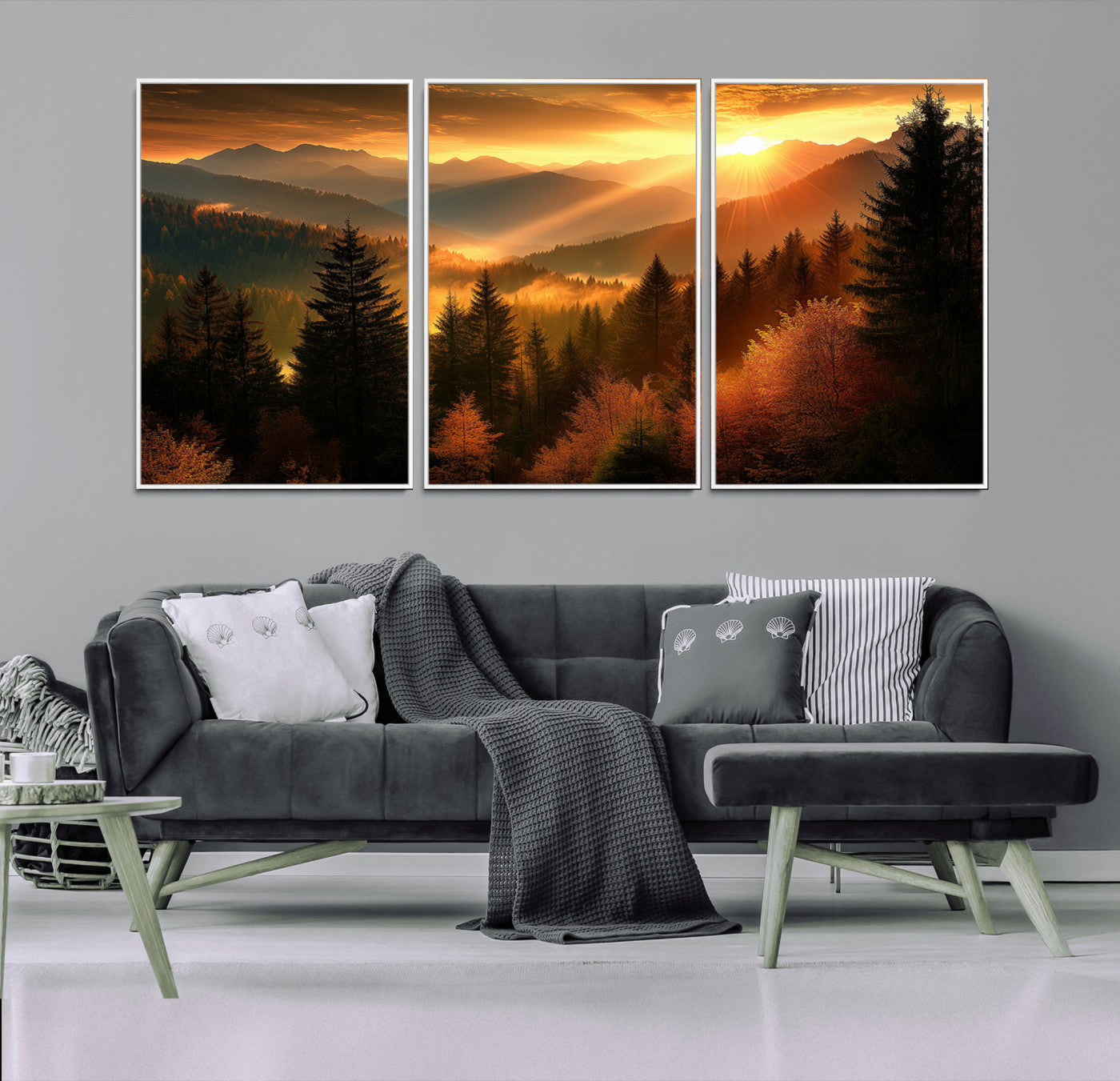 MGV-FC-60X30-3P - Golden Sunset Over Mountain Forest Canvas Wall Art Print - Warm Nature Landscape Print
