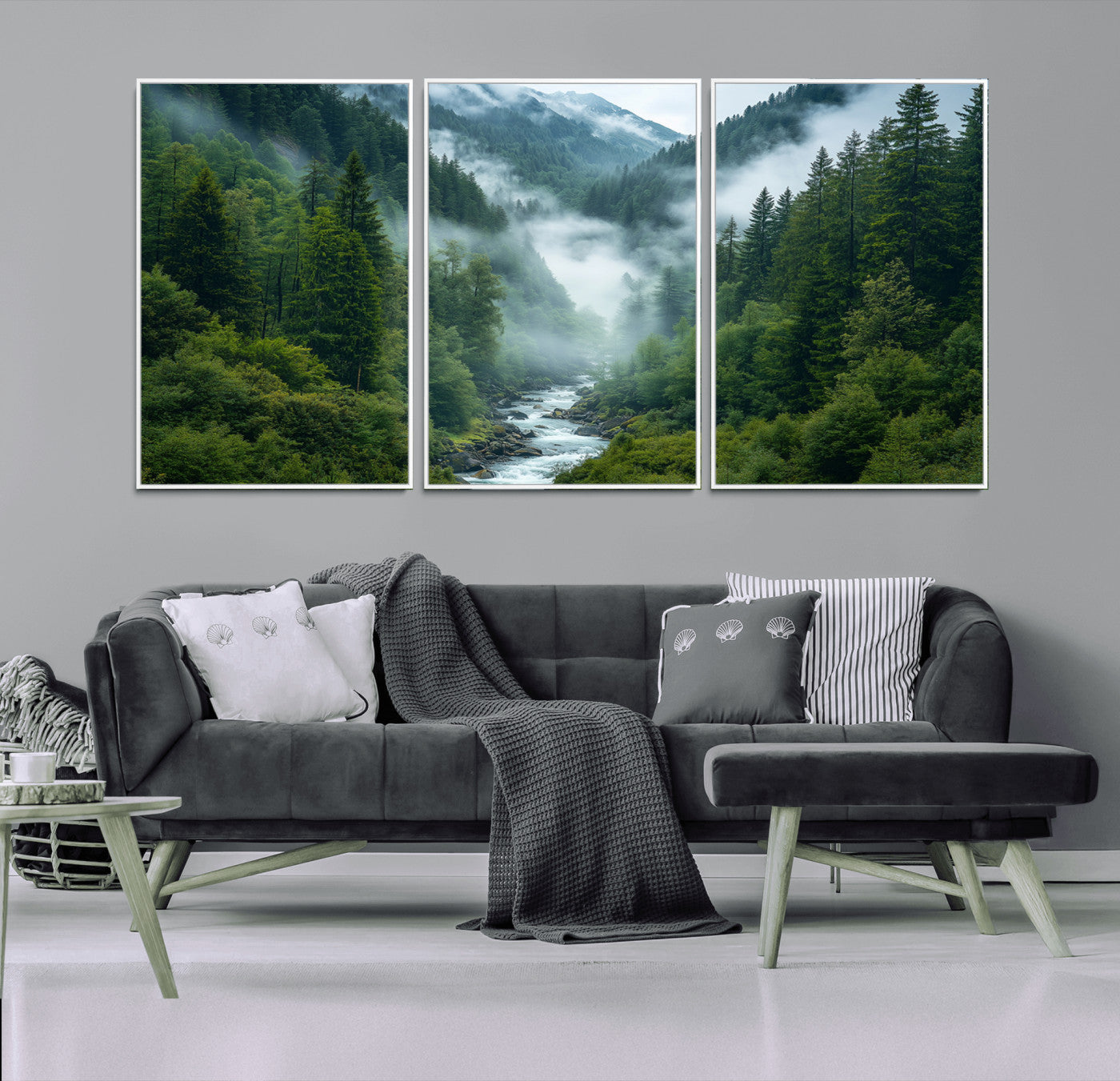 MGV-FC-60X30-3P - Mountain Forest River Canvas Wall Art Print - Serene Nature Landscape for Living Room, Office, or