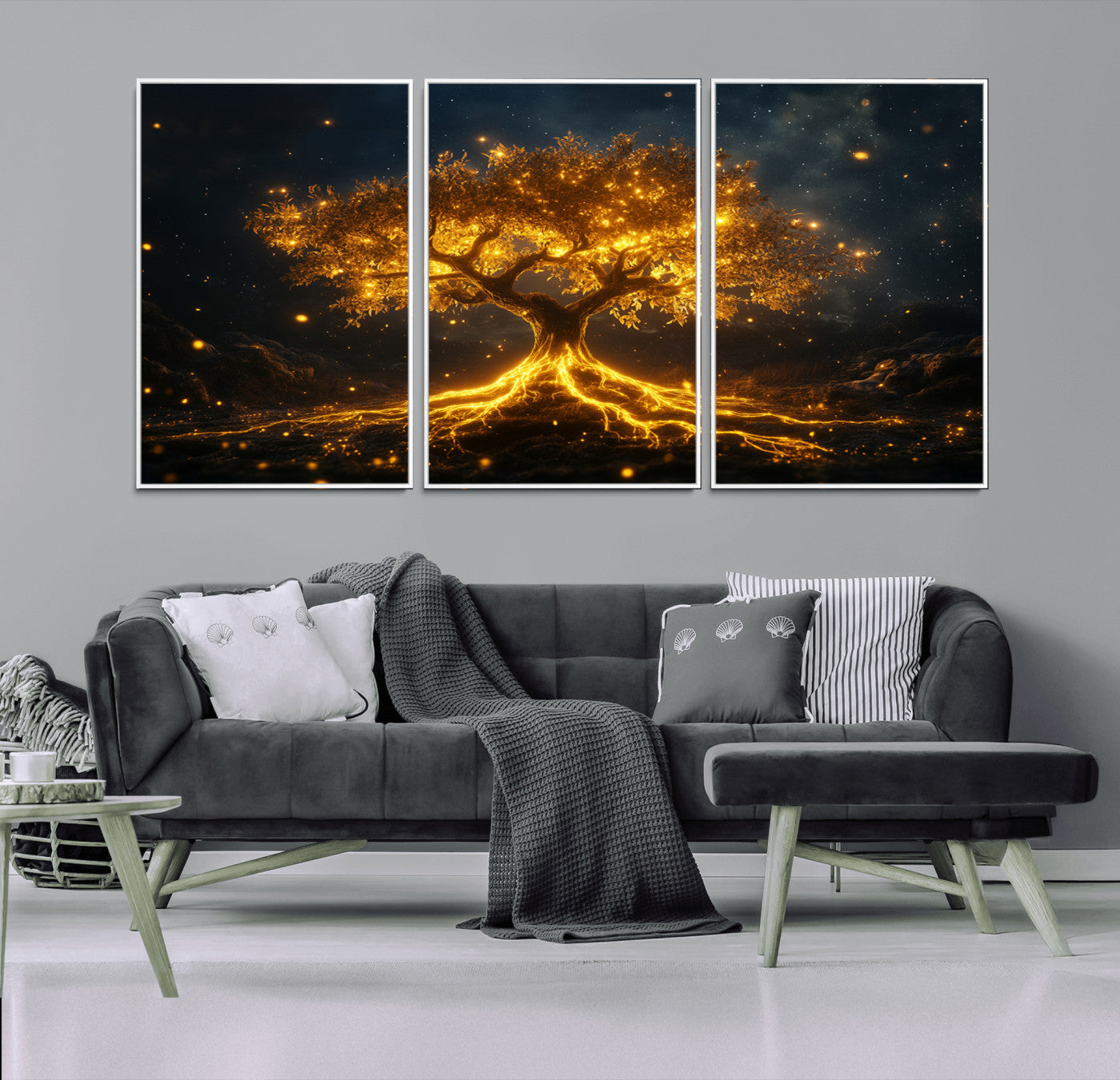 MGV-FC-60X30-3P - Golden Tree of Life Canvas Wall Art Print - Majestic Glowing Tree Design for Living Room, Office, or