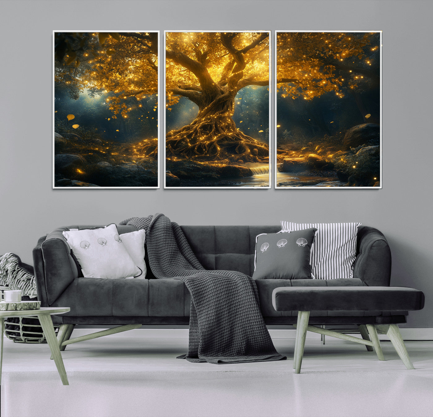 MGV-FC-60X30-3P - Golden Tree of Life Canvas Wall Art Print - Majestic Glowing Tree Wall Art Print