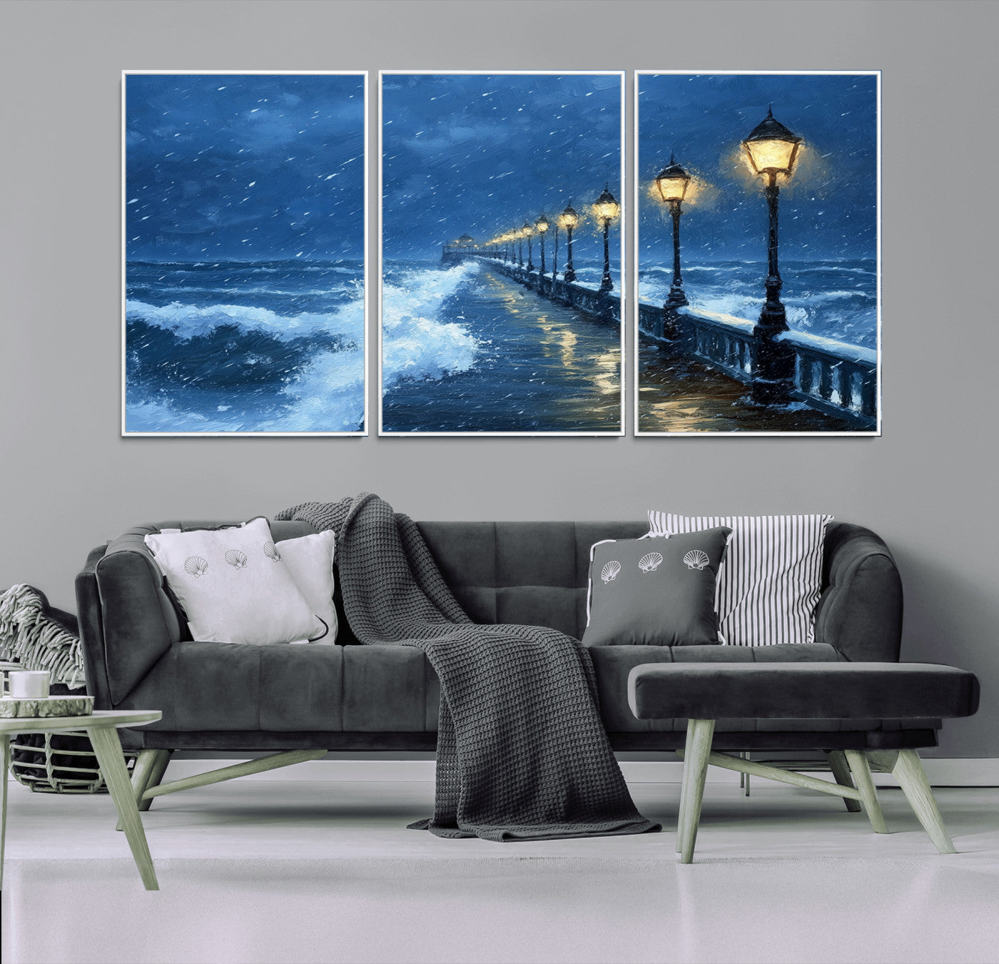 MGV-FC-60X30-3P - Stormy Ocean Pier Lights Canvas Wall Art Print - Large Moody Night Scene for Living Room, or Office,