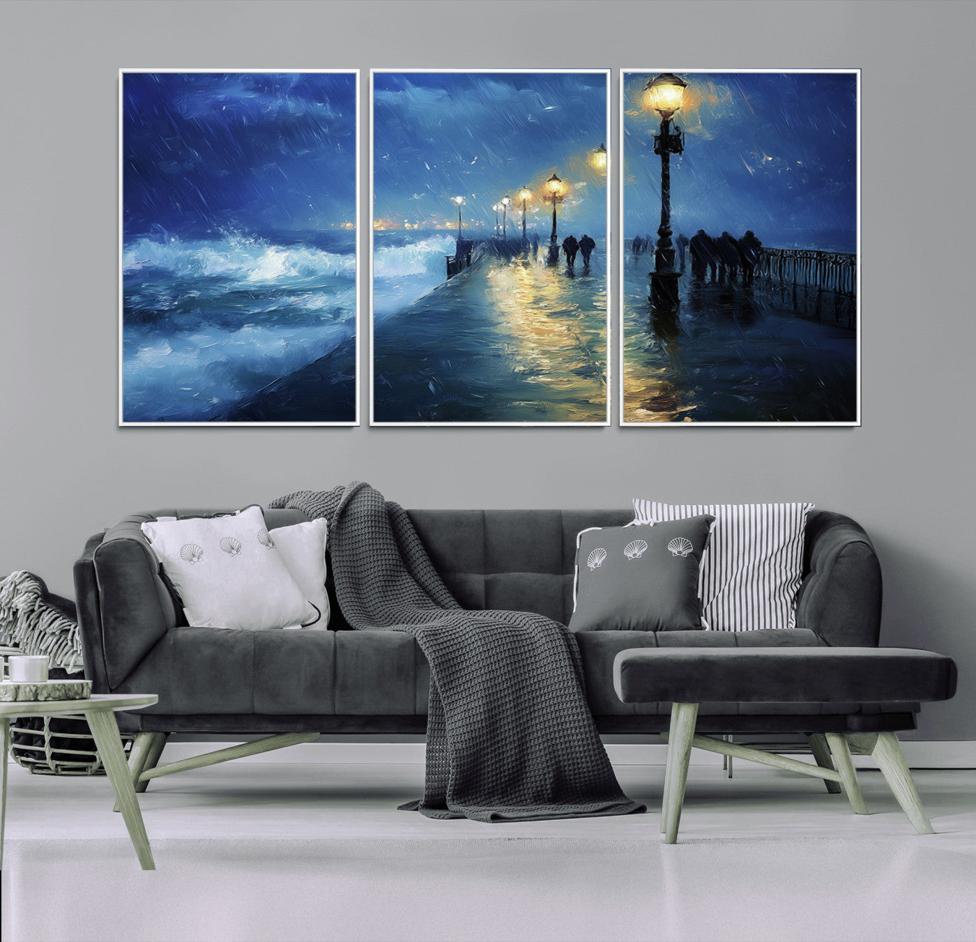 -Abstract Stormy Ocean Pier Canvas Wall Art Print | Stormy Ocean Art | Large Moody Night Scene Print,
