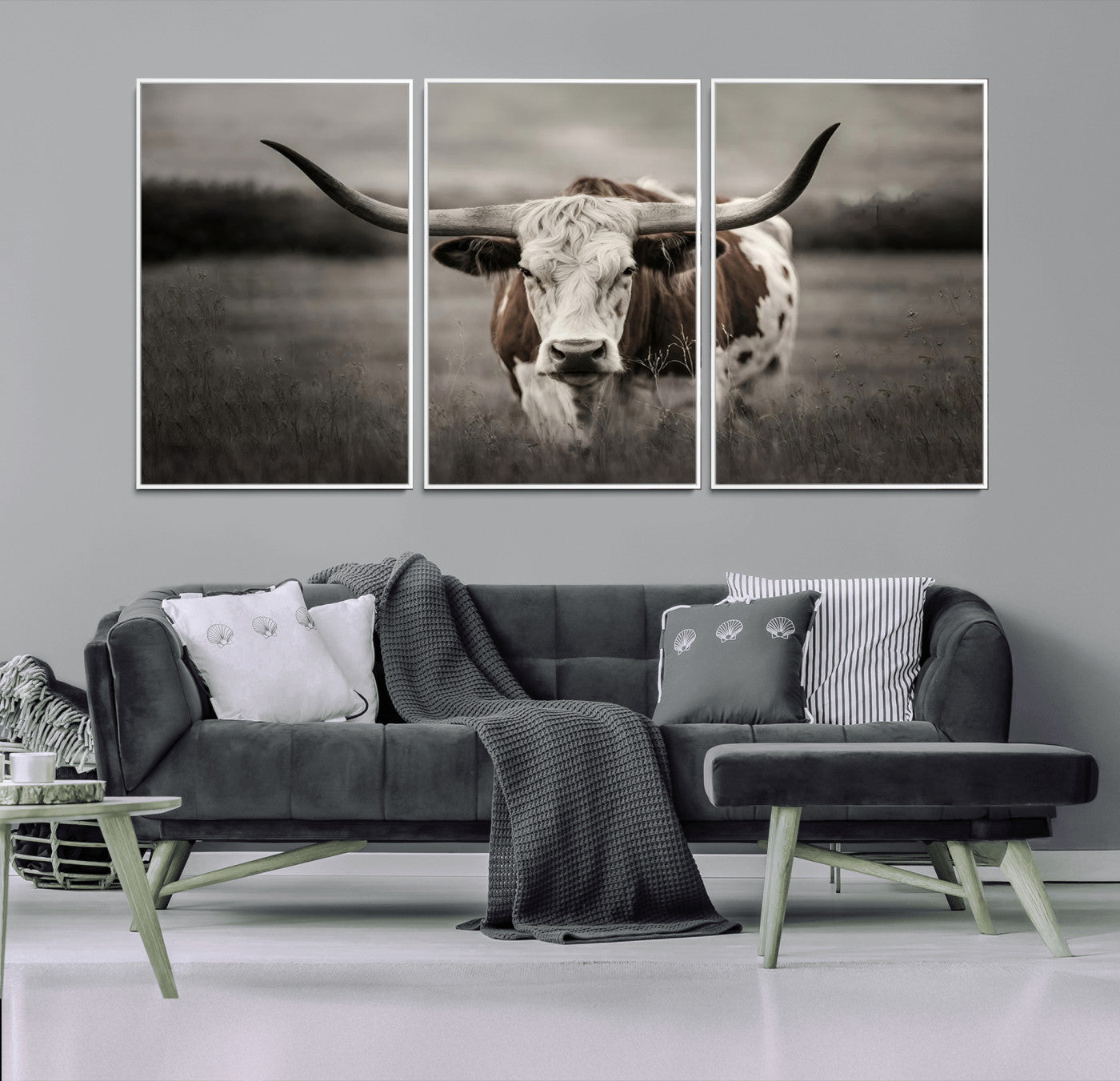 MGV-FC-60X30-3P - Texas Longhorn Cow Canvas Wall Art Print - Large Rustic Longhorn Art for Living Room, Western Wall