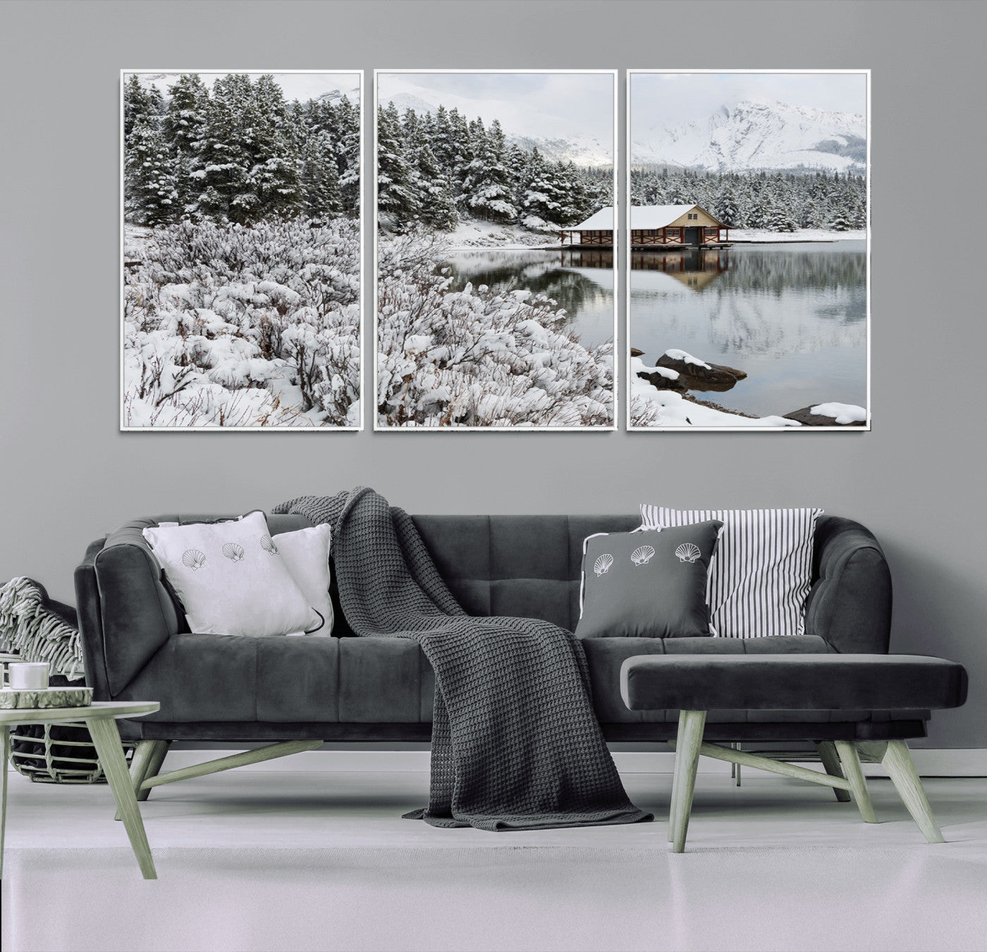 94285-MGV-FC-60X30-3P_White-Winter Wall Art - Cabin by the Lake Canvas Wall Art - Serene Snowy Landscape with Mountain View,