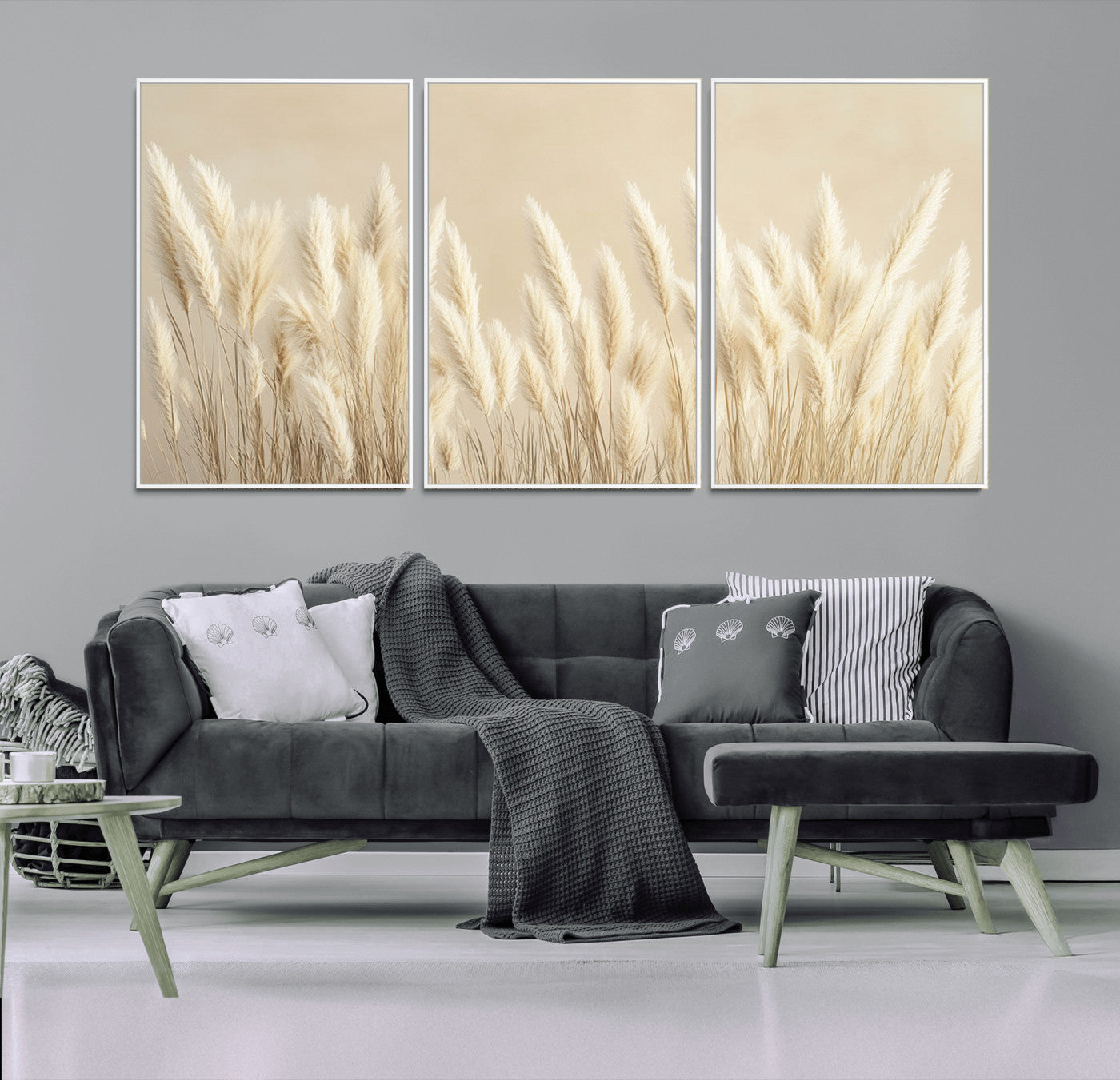 MGV-FC-60X30-3P - Grass Wall Art Print - Elegant Neutral Decor for Living Room, Boho Minimalist Artwork, Ready to Hang