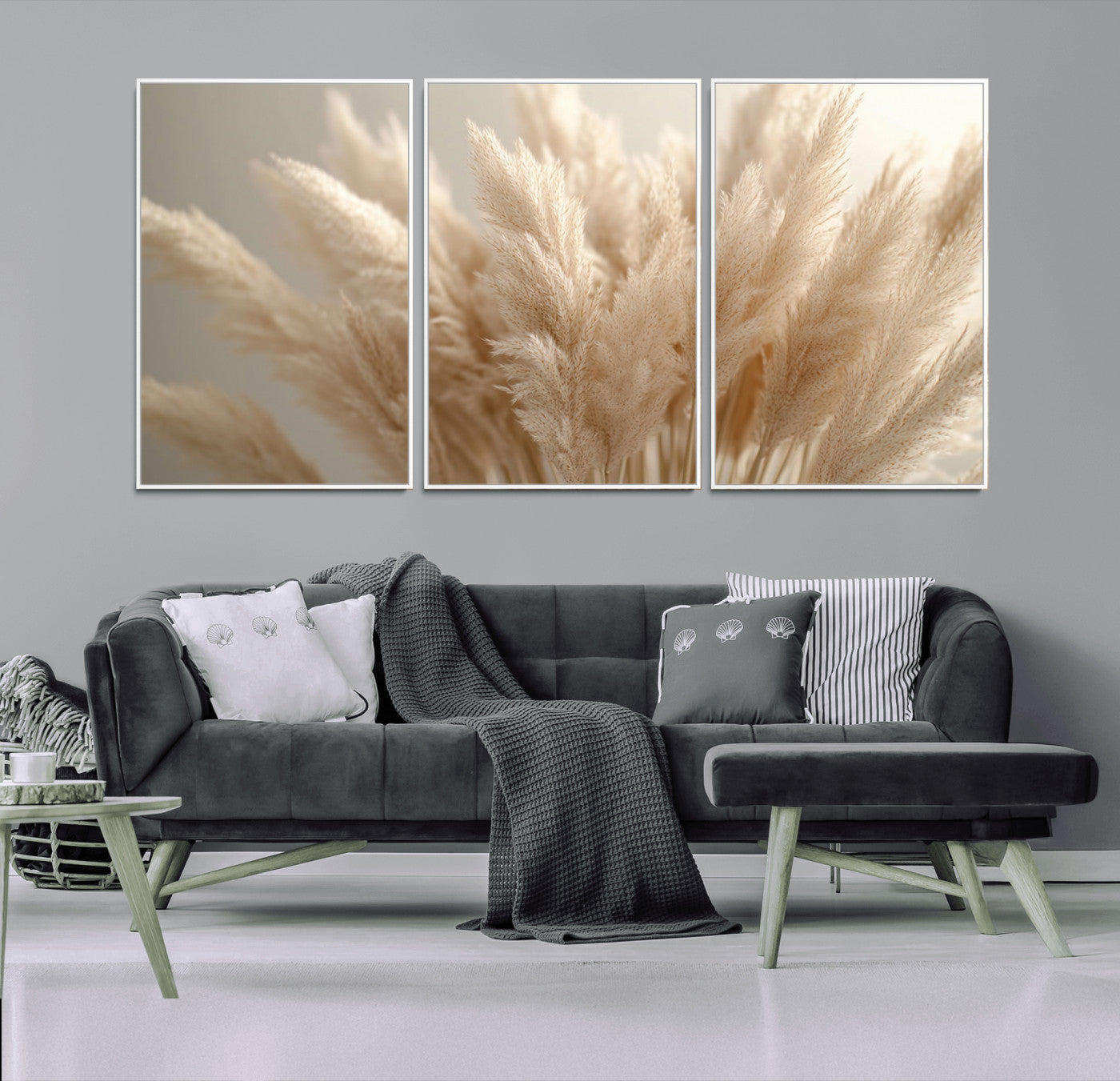 MGV-FC-60X30-3P - Pampas Grass Canvas Wall Art - Elegant Neutral Decor for Living Room, Boho Minimalist Artwork, Ready