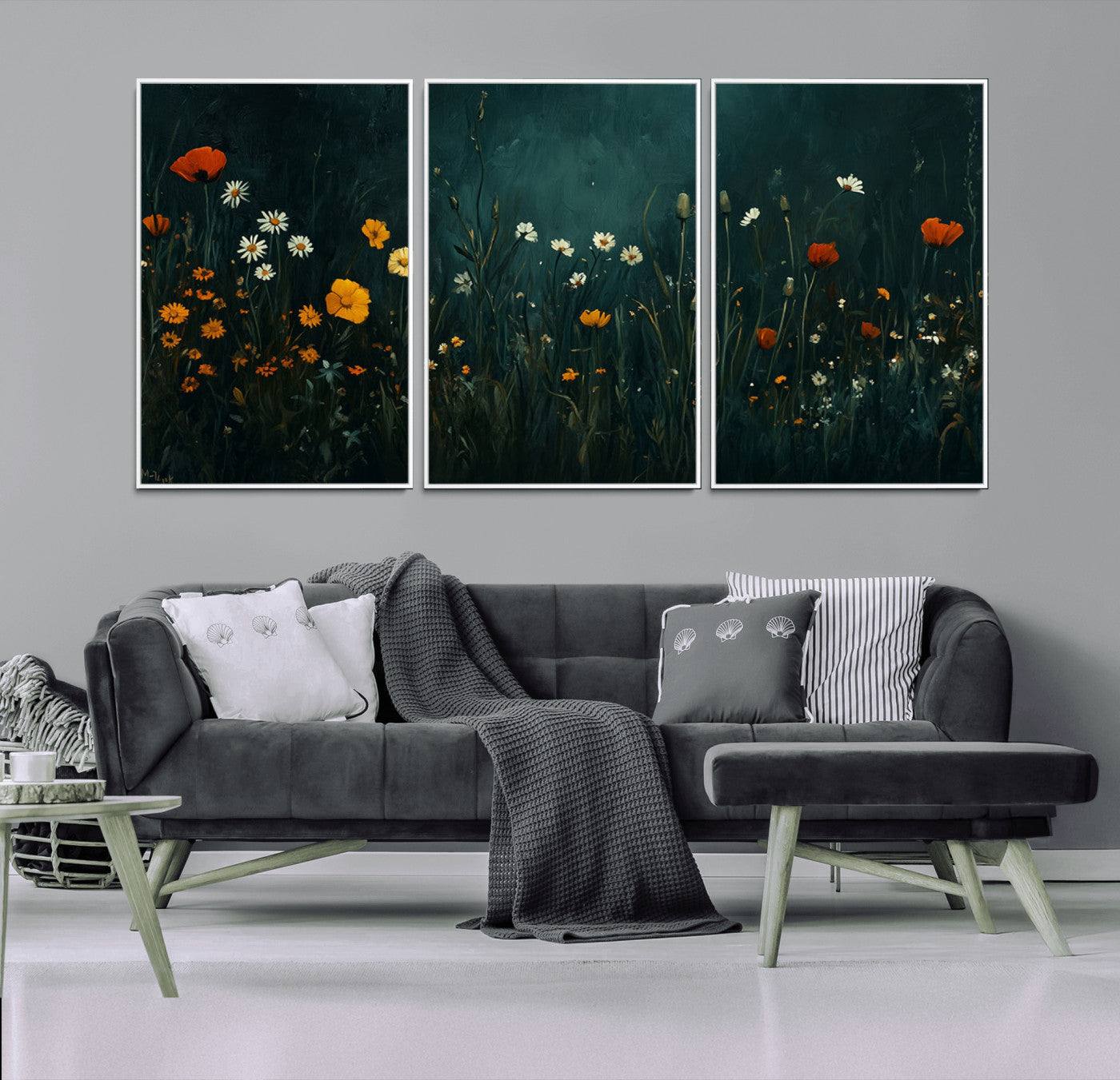 MGV-FC-60X30-3P - Framed Wildflower Field Wall Art, Framed Vintage Botanical Landscape Sign, Floral Decor, Modern