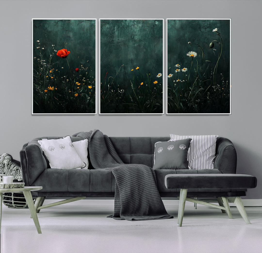 Wildflower Field Framed Wall Art, Vintage Botanical Landscape Sign, Botanical Wall Art, Modern Farmhouse Canvas Art, Field Of Flowers Canvas Print