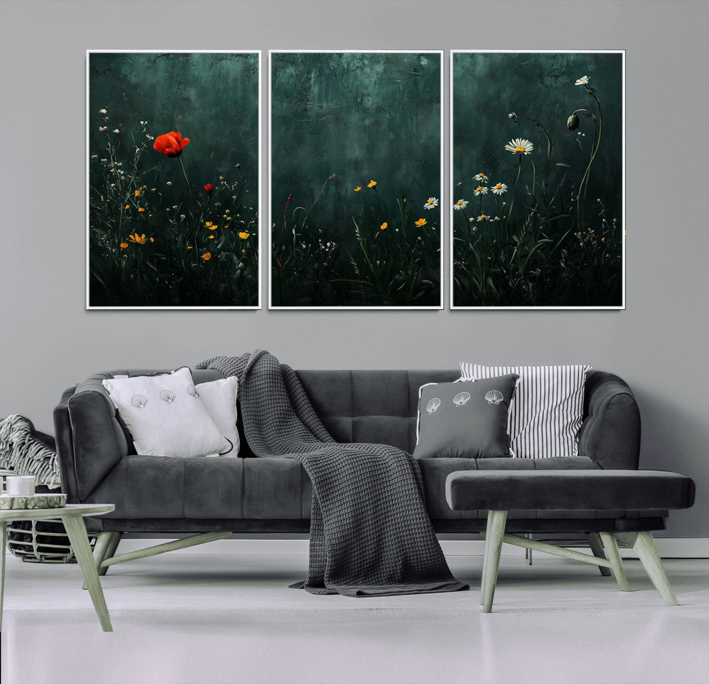 MGV-FC-60X30-3P - Wildflower Field Framed Wall Art, Vintage Botanical Landscape Sign, Botanical Wall Art, Modern