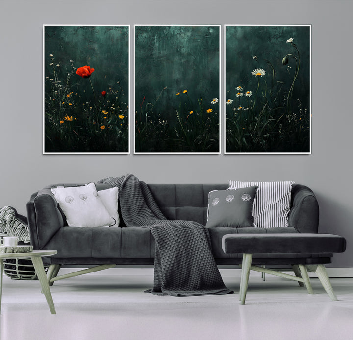 Wildflower Field Framed Wall Art, Vintage Botanical Landscape Sign, Botanical Wall Art, Modern Farmhouse Canvas Art, Field Of Flowers Canvas Print