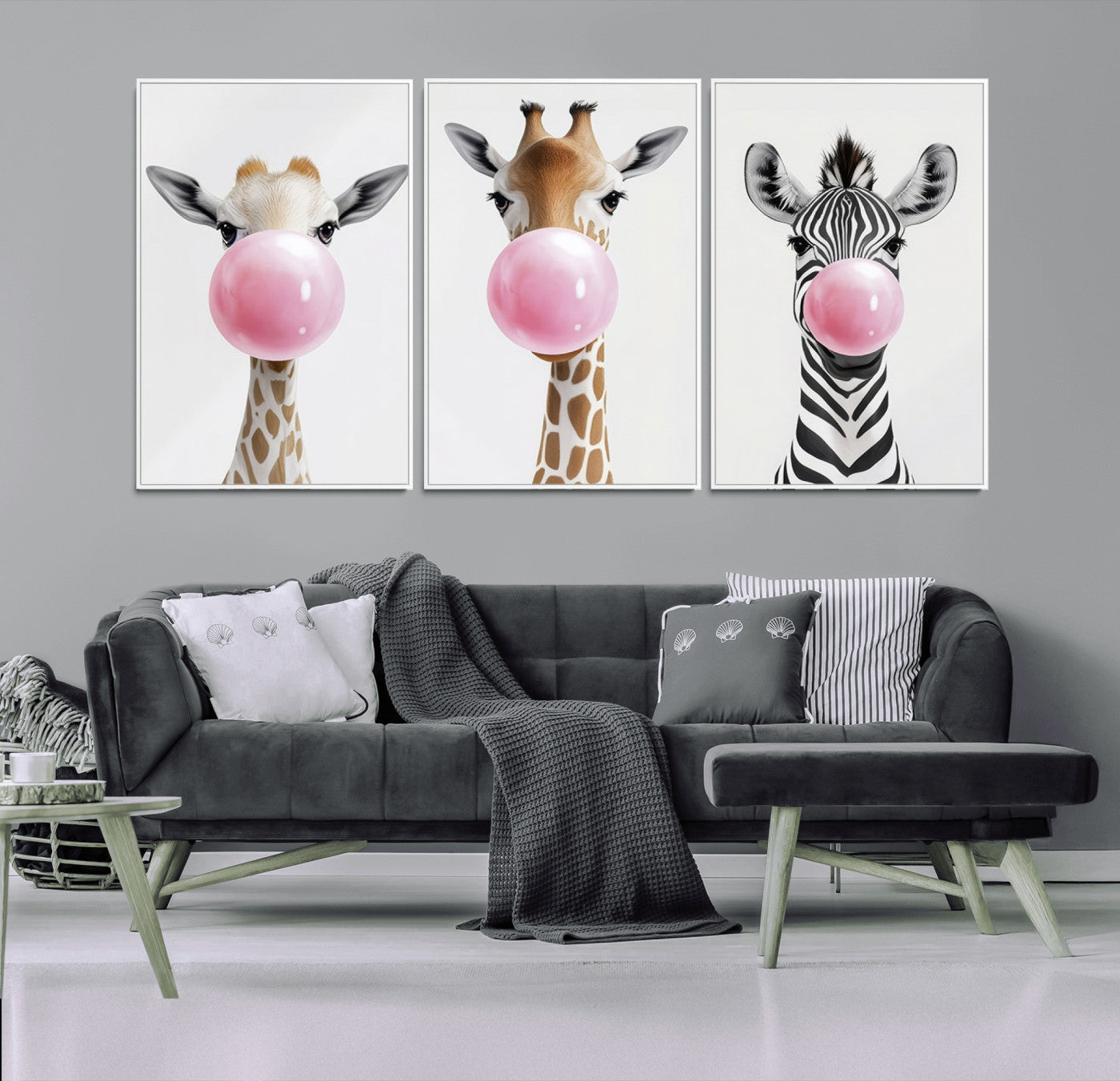 71987-MGV-CV-36X24-Bubblegum Animals Canvas Wall Art - Playful Giraffe and Zebra Trio, Fun Nursery Decor for Kids'